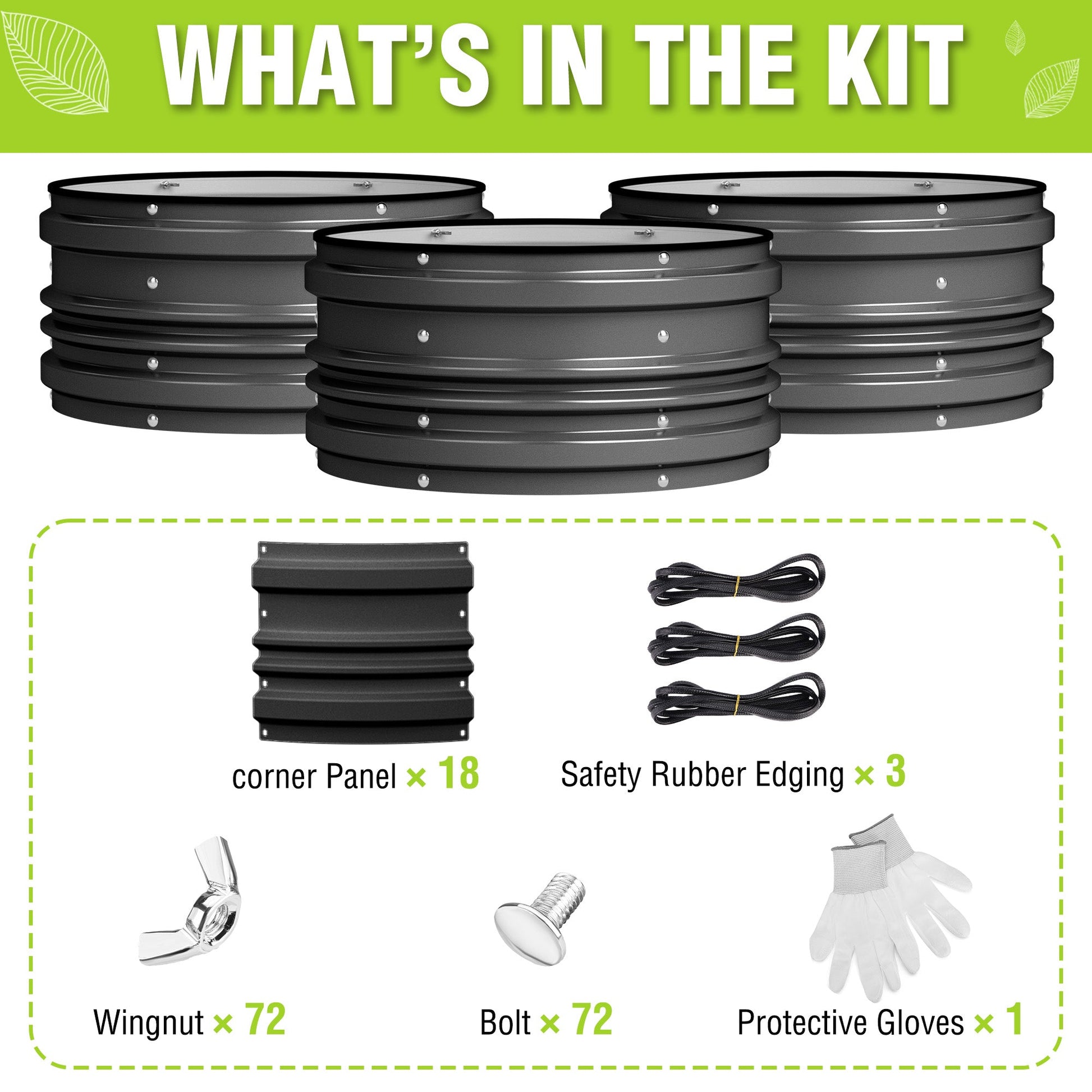 3-piece raised garden bed kit with black panels, safety rubber edging, bolts, and gloves