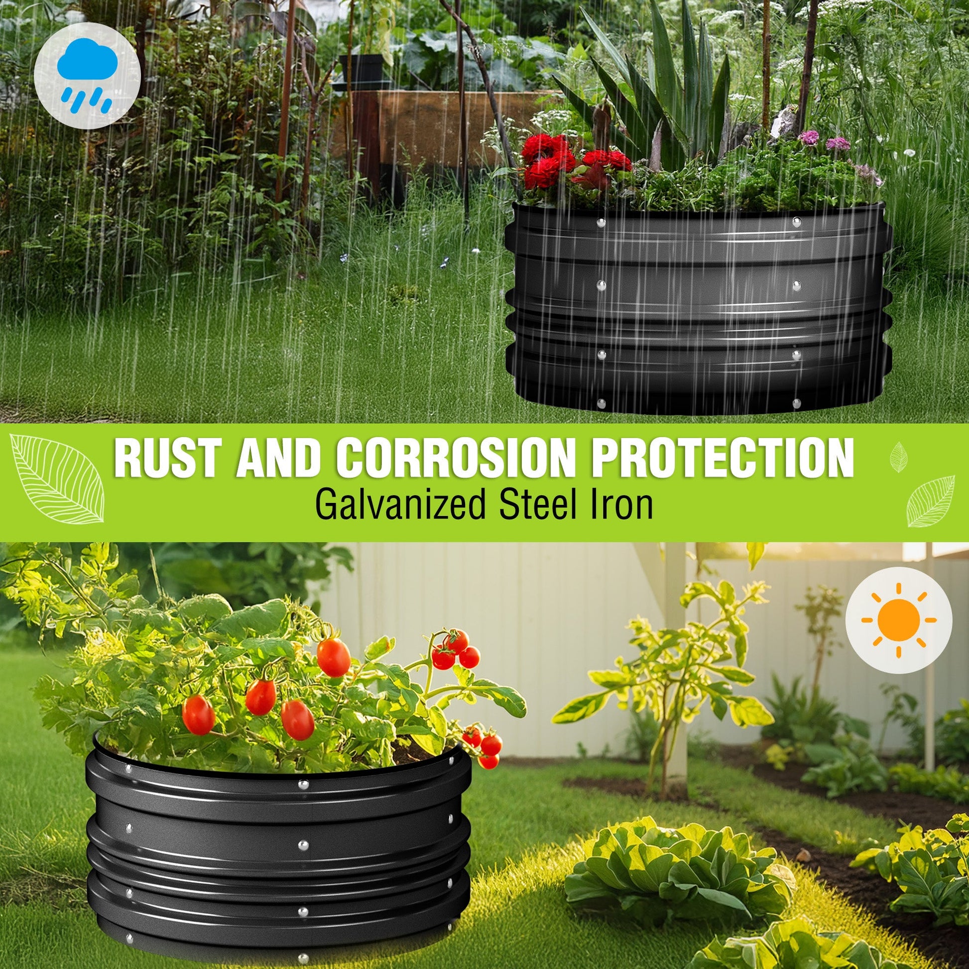 Black raised garden bed with plants outdoors, designed for rust and corrosion protection