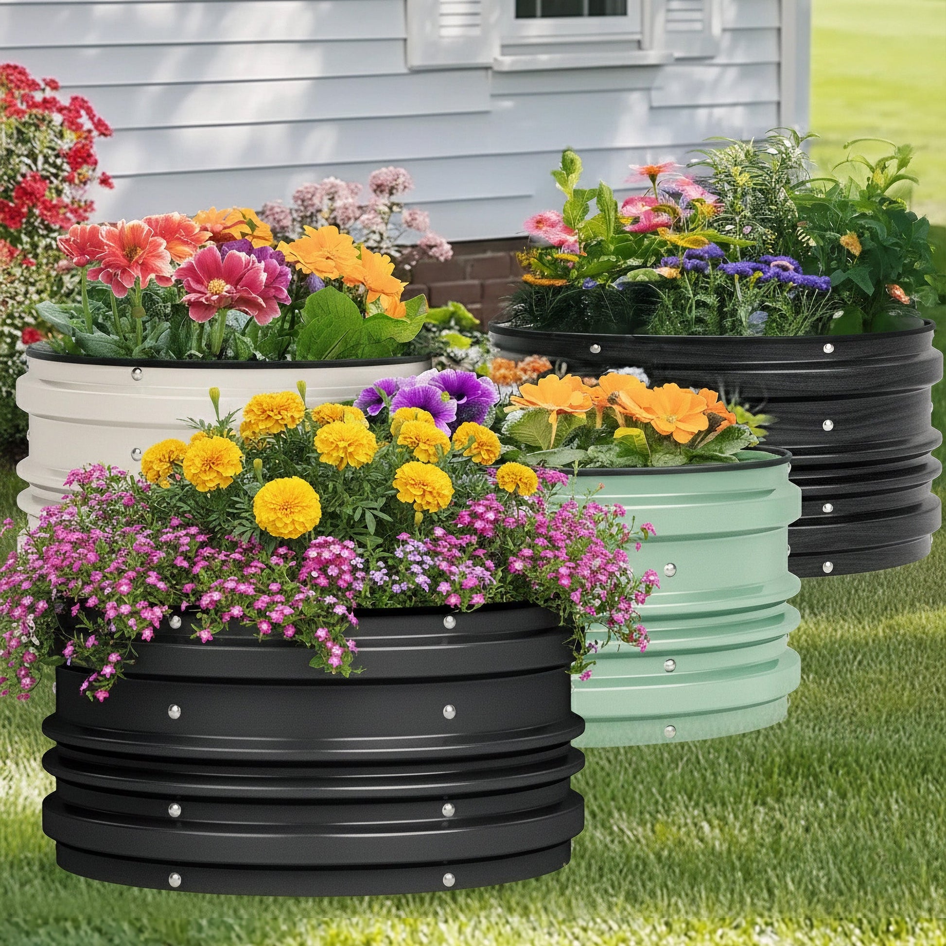 Black raised garden bed with colorful flowers, rounded layered steel frame