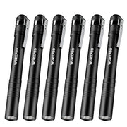 Set of six black LED pocket pen flashlights with metal clips, cylindrical design
