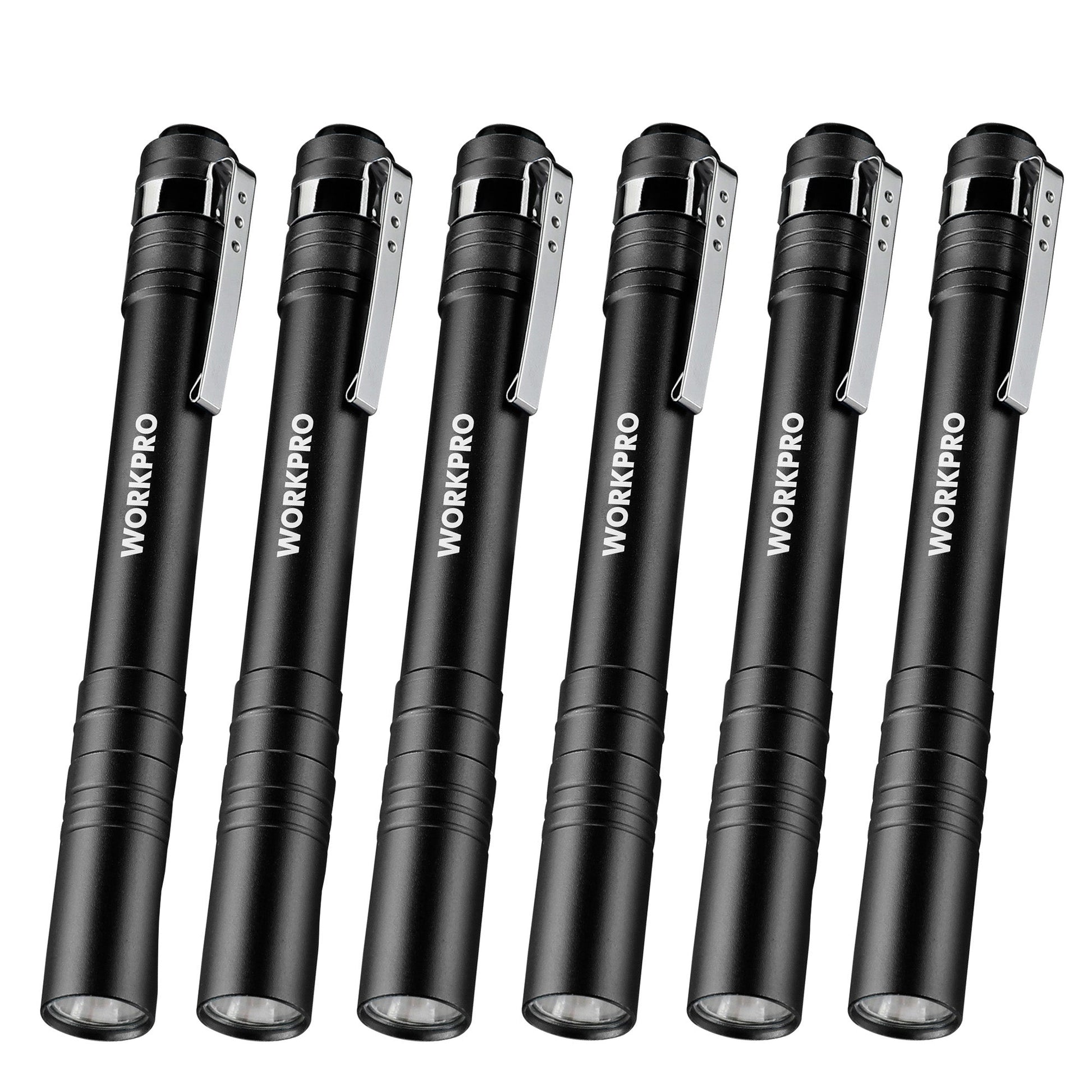 Set of six black LED pocket pen flashlights with metal clips, cylindrical design