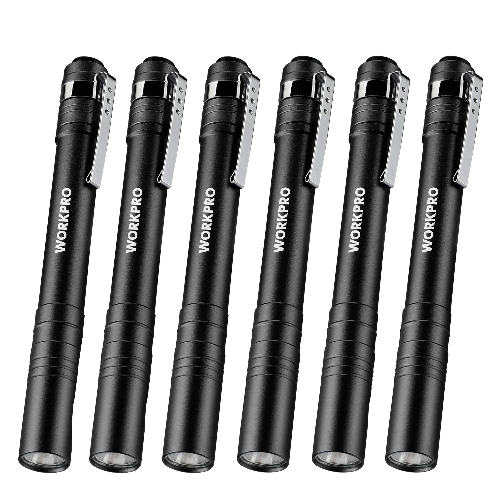 WORKPRO 6-Pack LED Pen Light, Aluminum Pen Flashlights, Pocket Flashlight with Clip for Inspection, Emergency, Everyday, 2AAA Batteries Included, Black