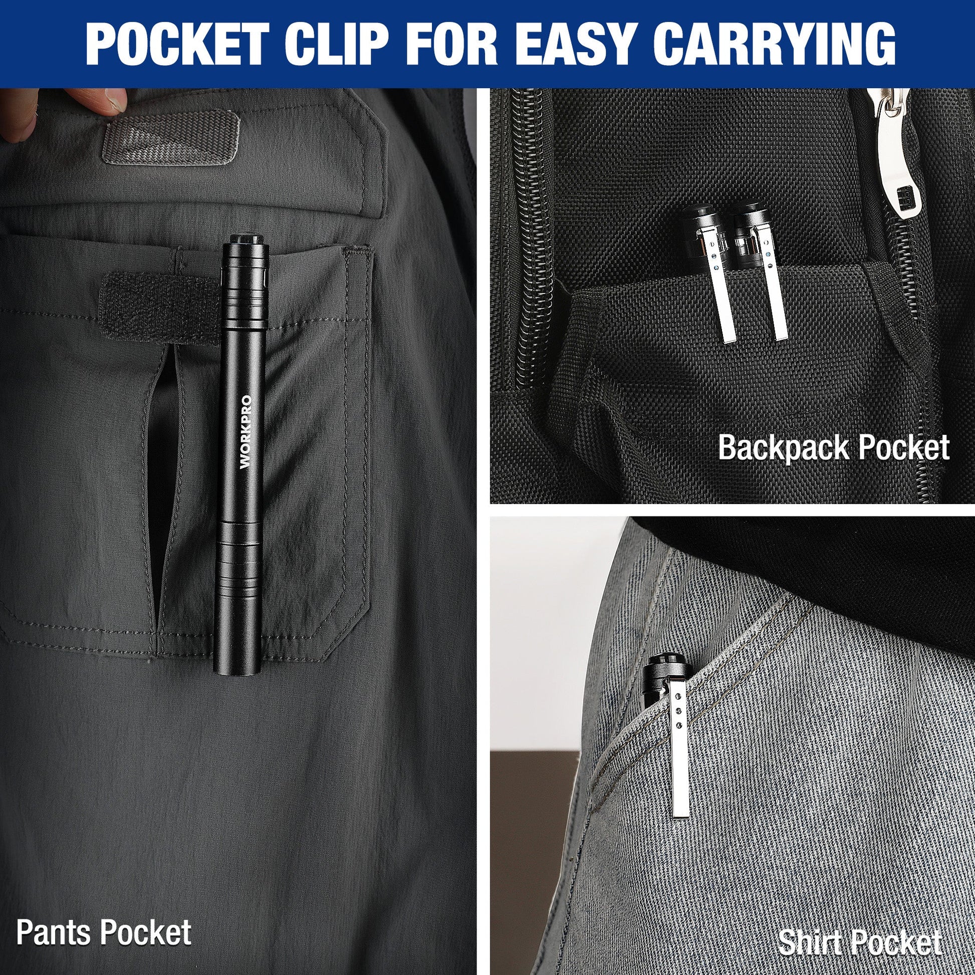 Black LED pen flashlight clipped to pants and shirt pockets for easy carry