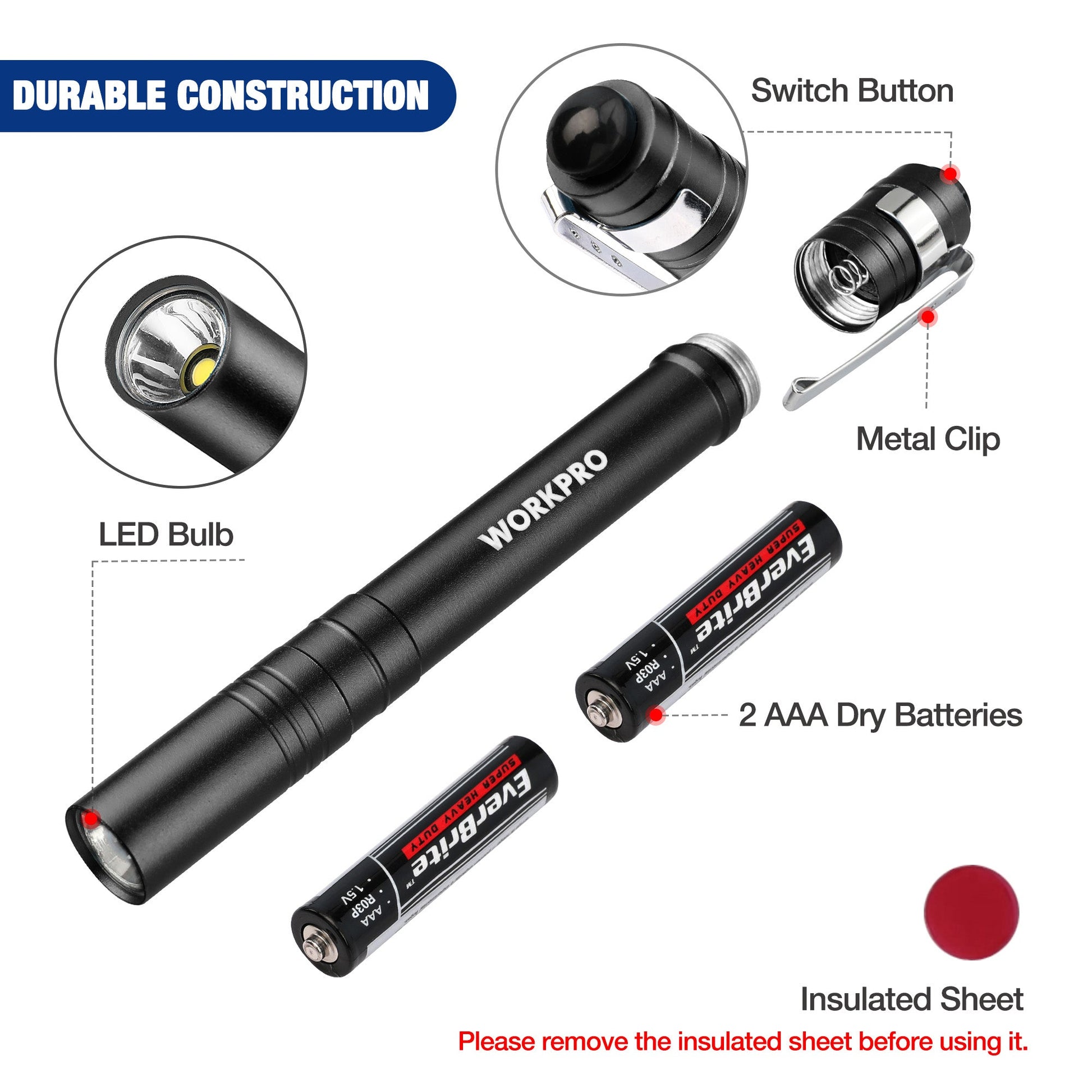 Black LED pen flashlight with metal clip, showing LED bulb end and switch button