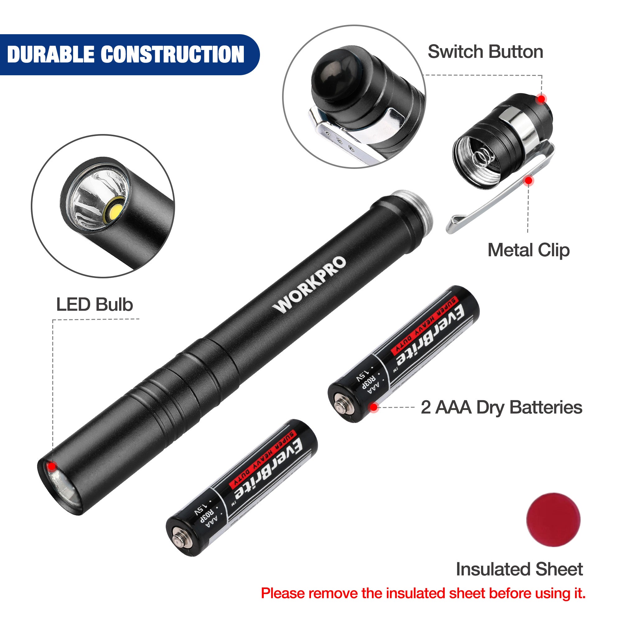 Black LED pen flashlight with metal clip, showing LED bulb end and switch button