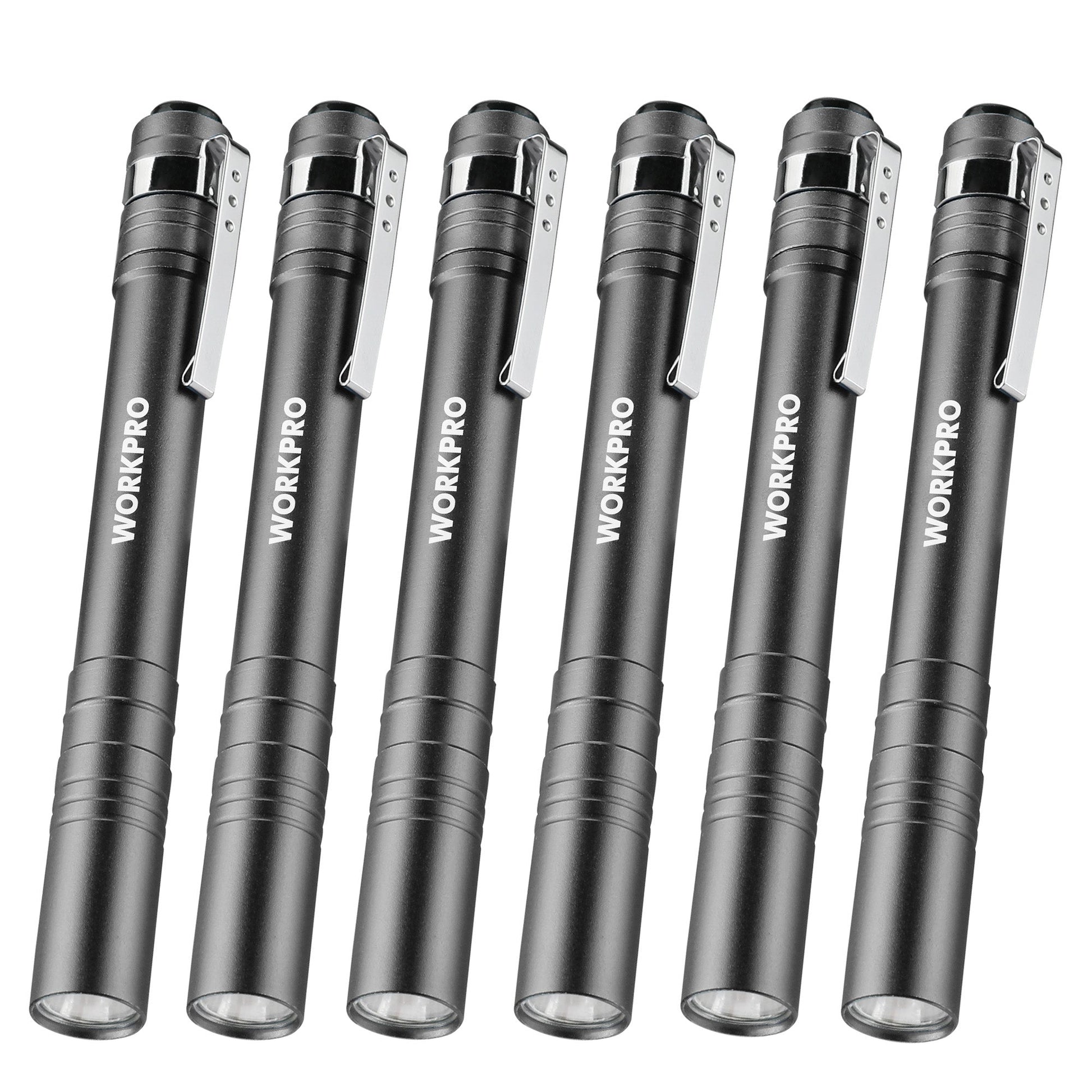 Set of six pocket LED pen flashlights in dark gray aluminum with built-in clip