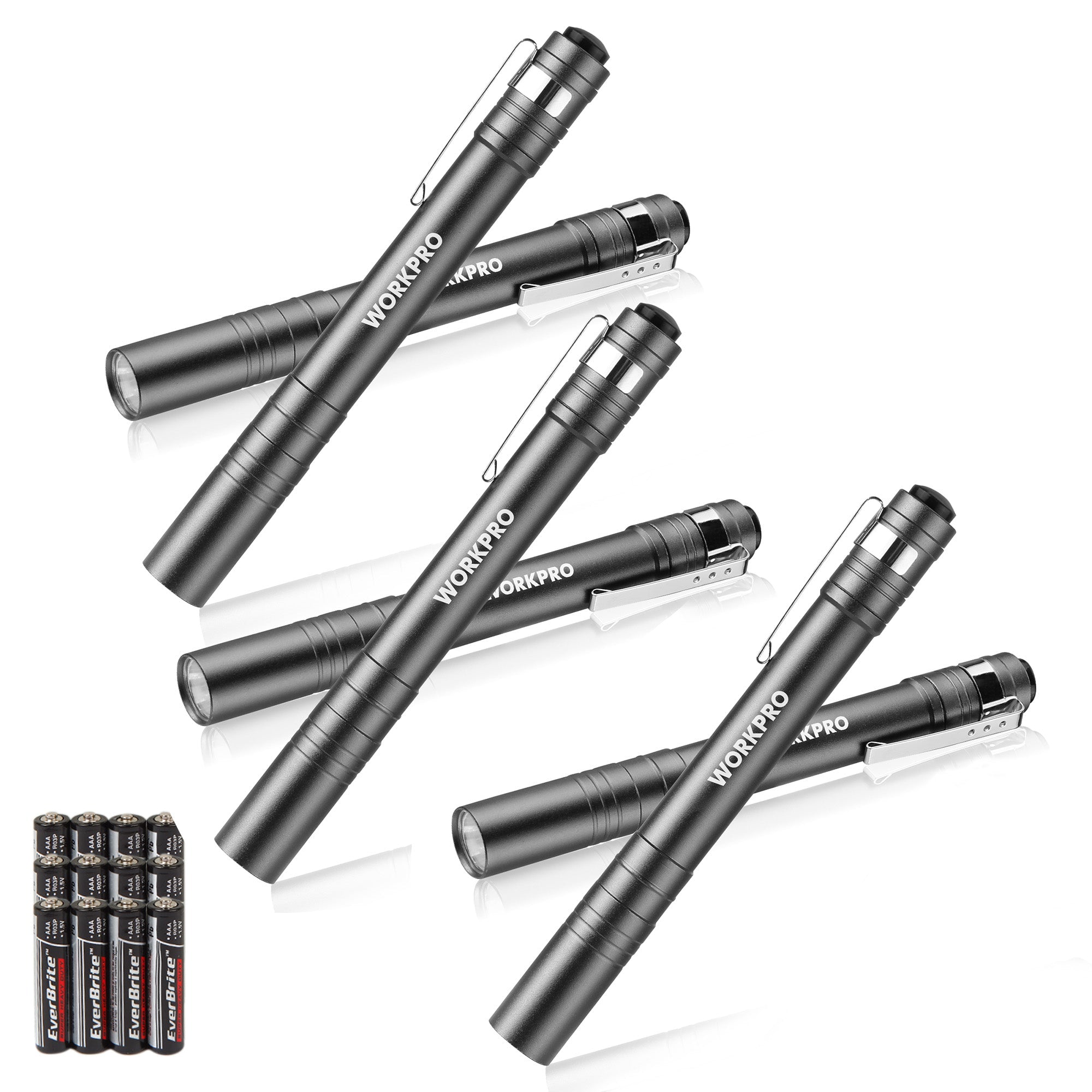Pocket LED pen flashlights set with dark gray aluminum bodies and pocket clips