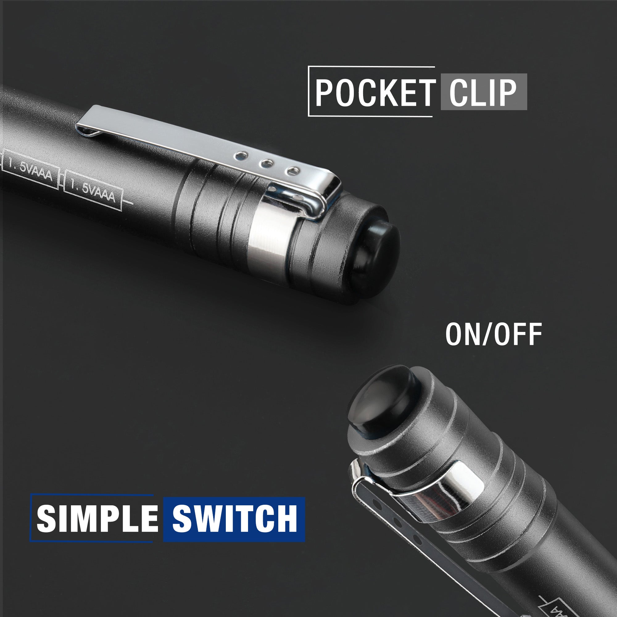 Dark gray pocket LED pen flashlight with metal pocket clip and on/off button
