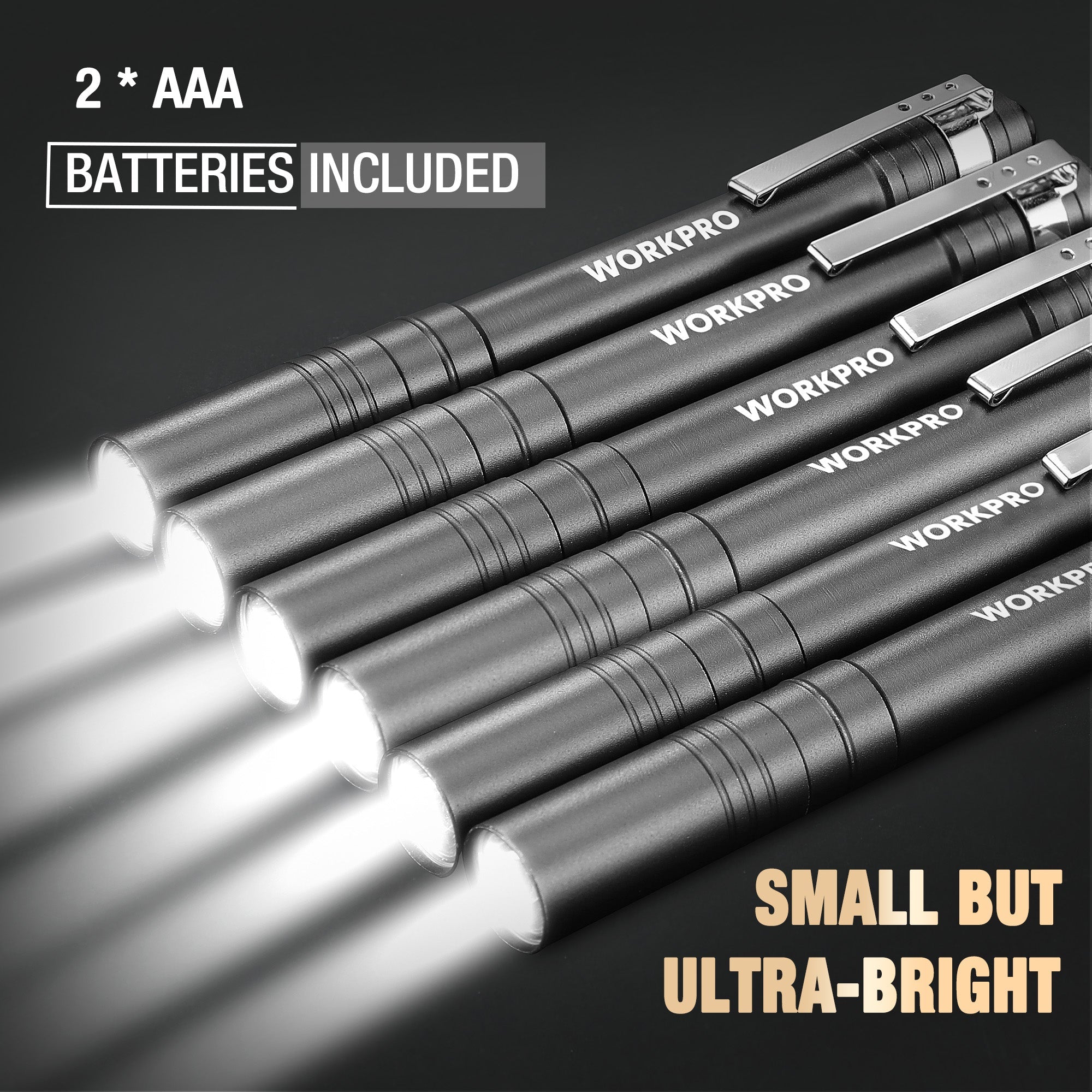 Five dark gray pocket LED pen flashlights with pocket clips, compact aluminum