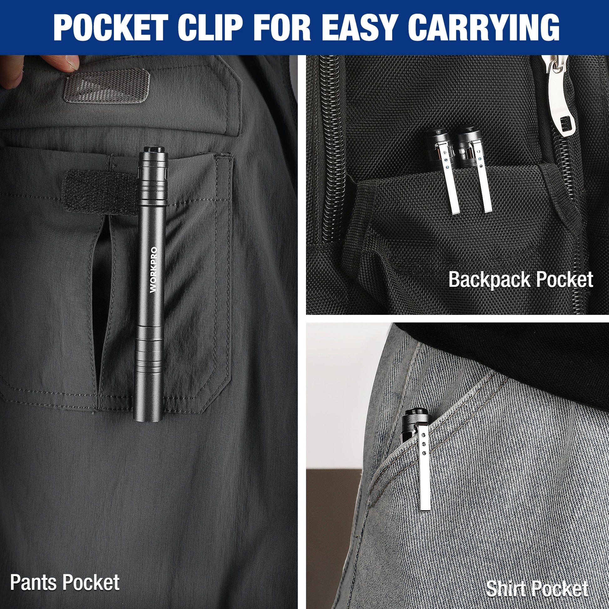 Dark gray pocket LED pen flashlight clipped in a pants pocket and backpack pocket