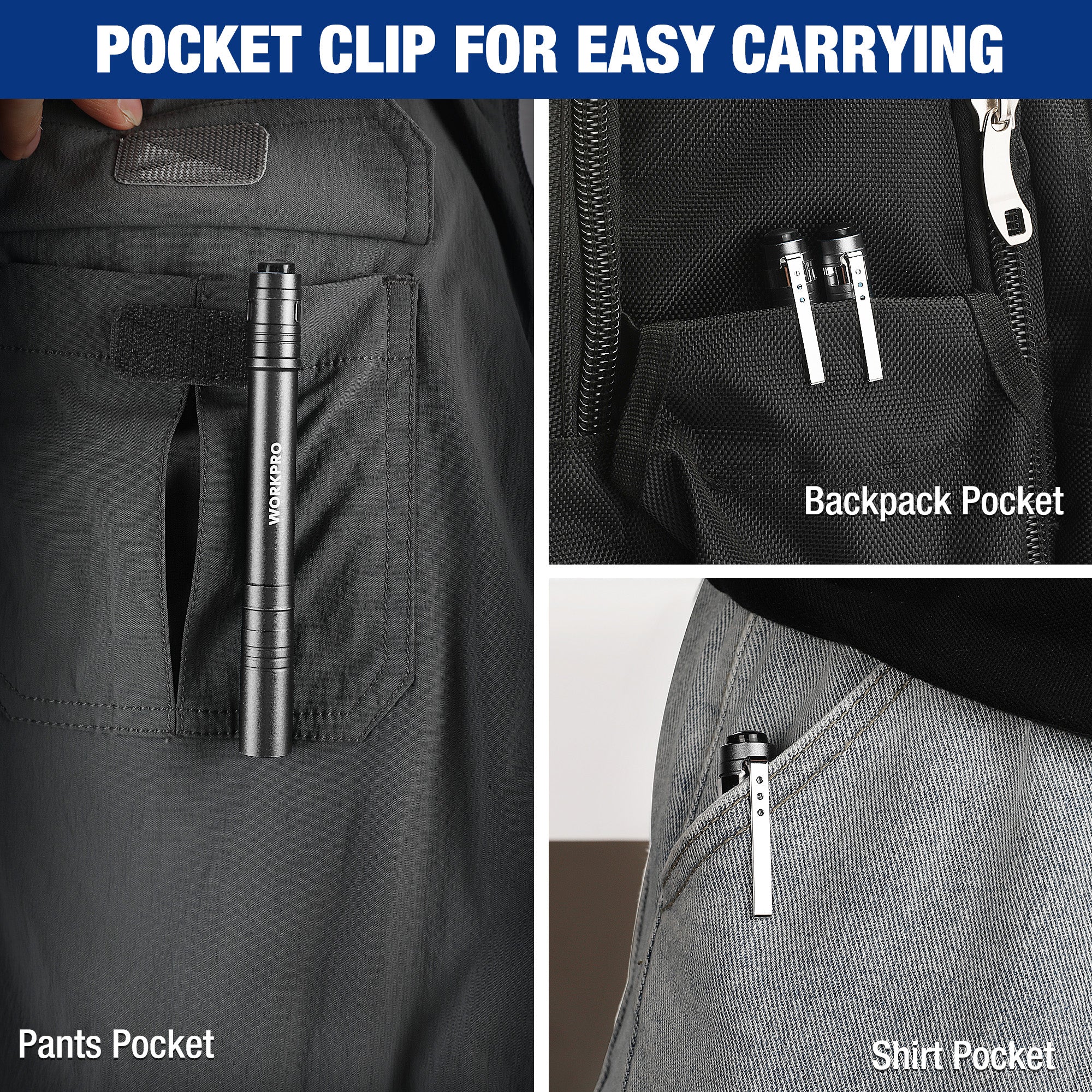 Dark gray pocket LED pen flashlight clipped in a pants pocket and backpack pocket