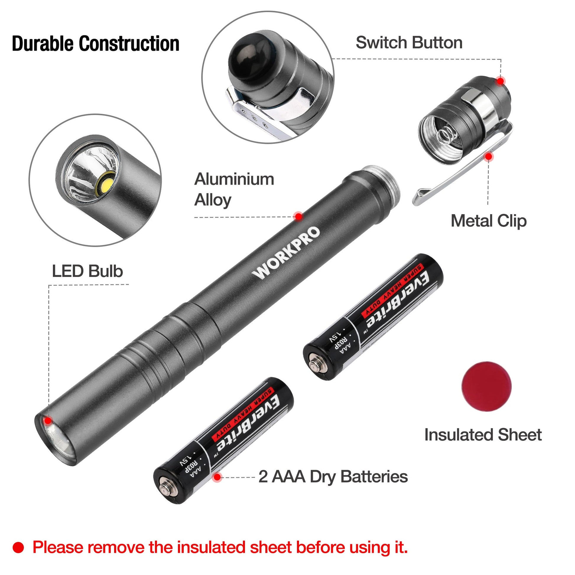 Dark gray aluminum pocket LED pen flashlight with metal clip and AA battery pack shown