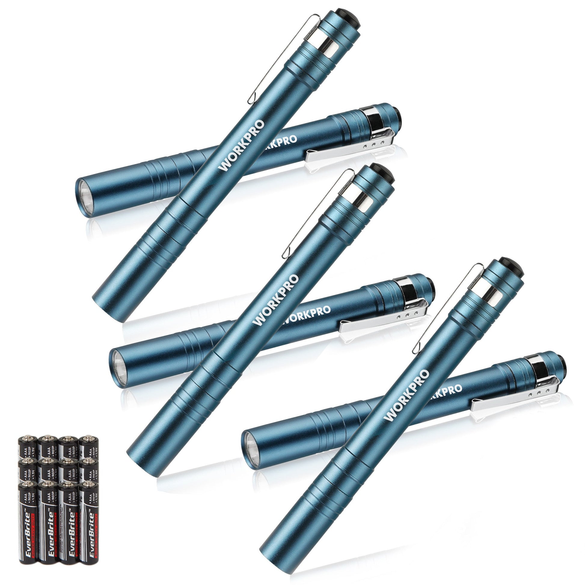 Blue LED pen flashlight set with pocket clips and included AAA batteries