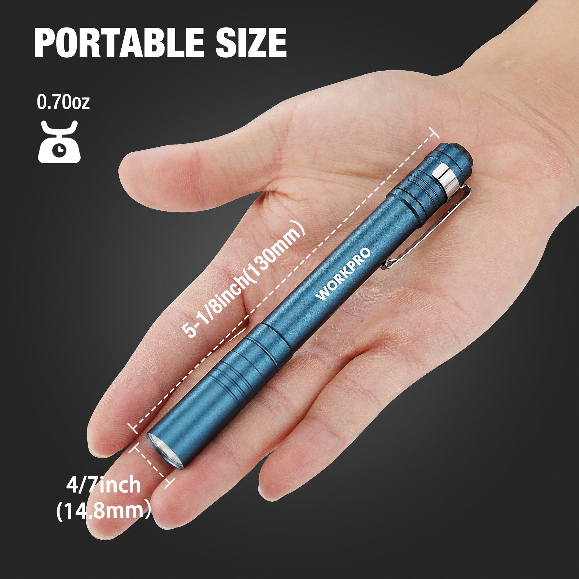 Compact blue aluminum LED pen light held in hand, with pocket clip