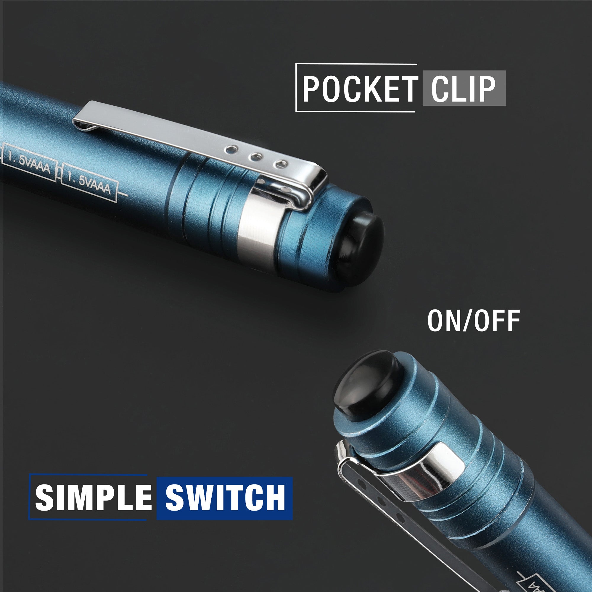 Blue aluminum LED pen light with pocket clip and metal on/off switch