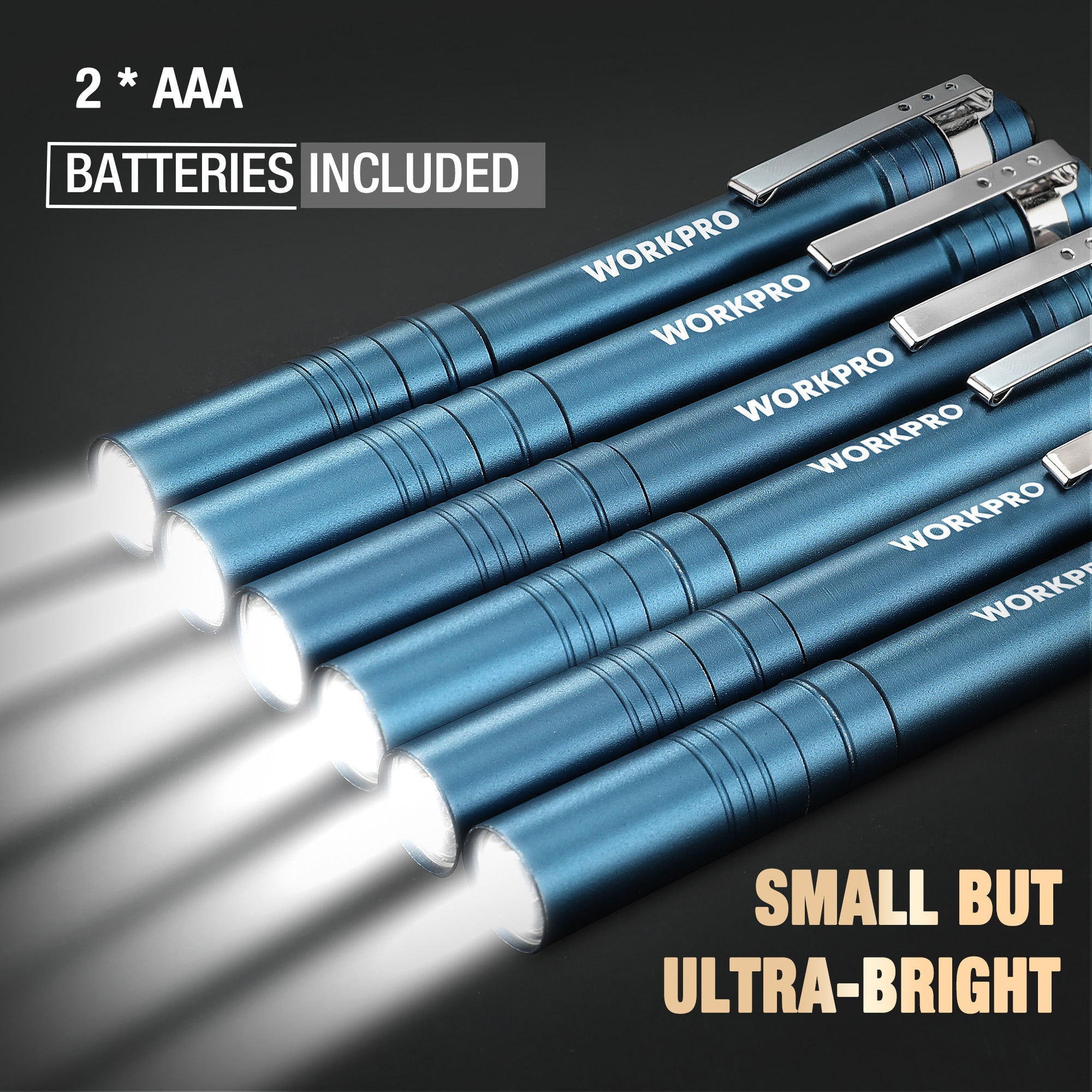 Blue LED pen flashlight bundle with built-in clip; 2 AAA batteries included