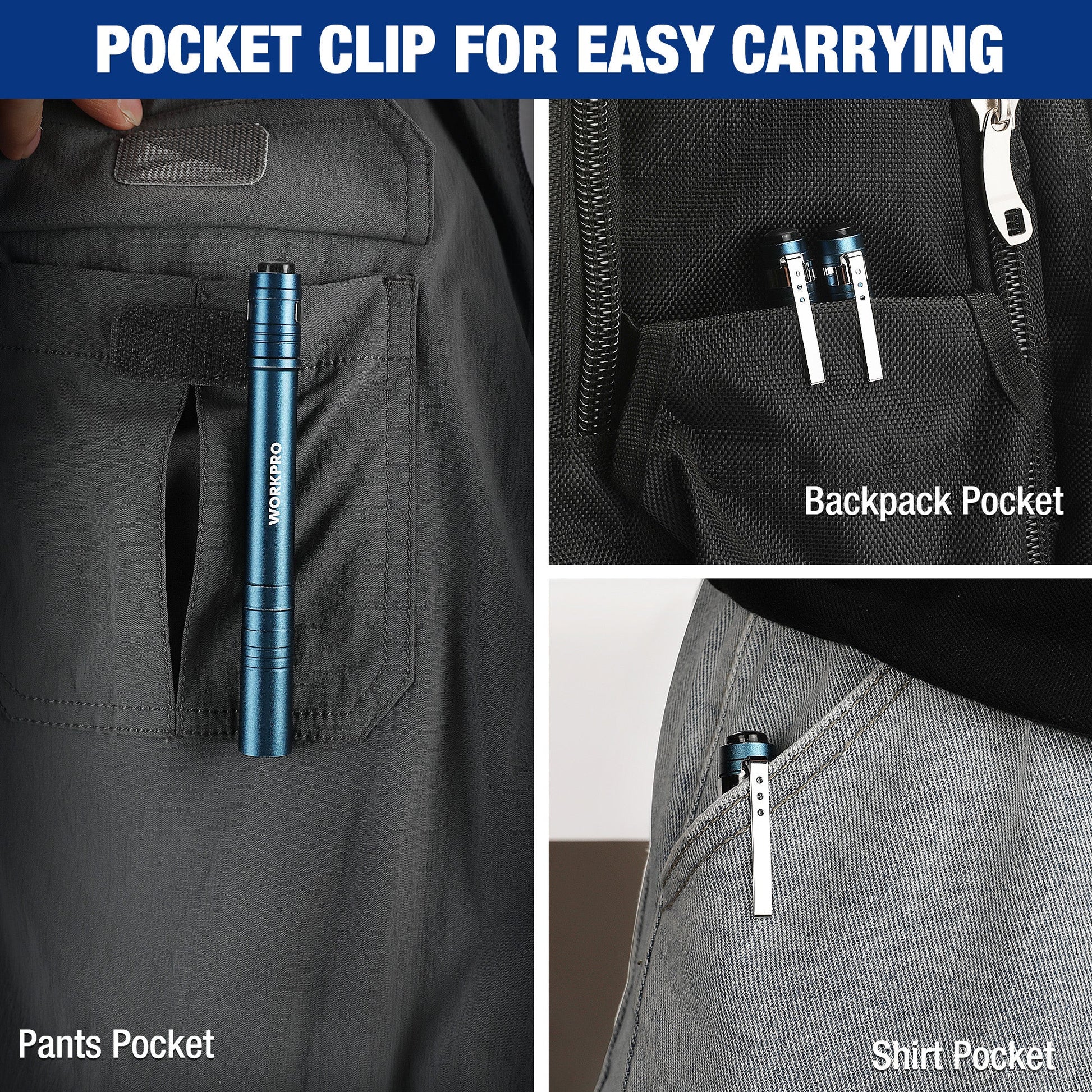 Blue LED pen light clipped in pants pocket, also shown in backpack pocket