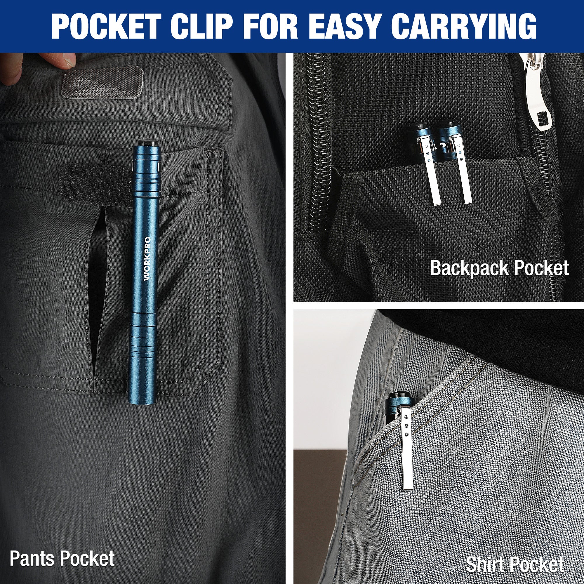 Blue LED pen light clipped in pants pocket, also shown in backpack pocket