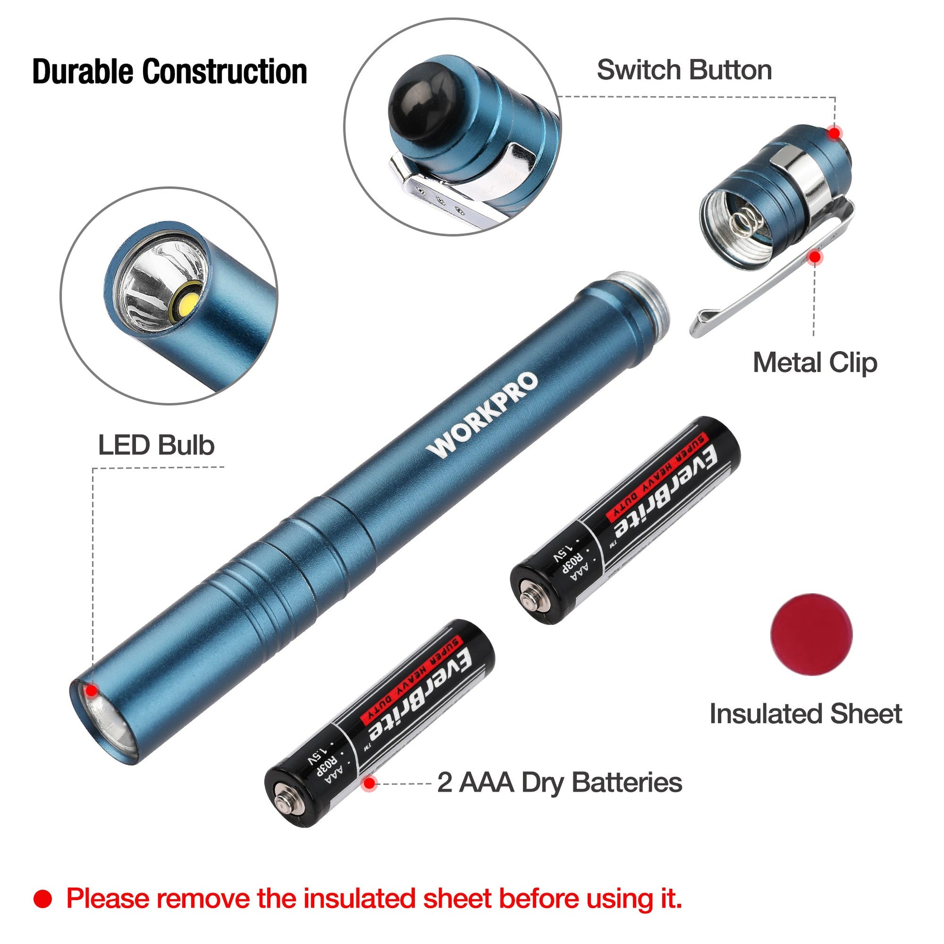 Blue LED pen flashlight with metal clip, switch button, and visible LED bulb