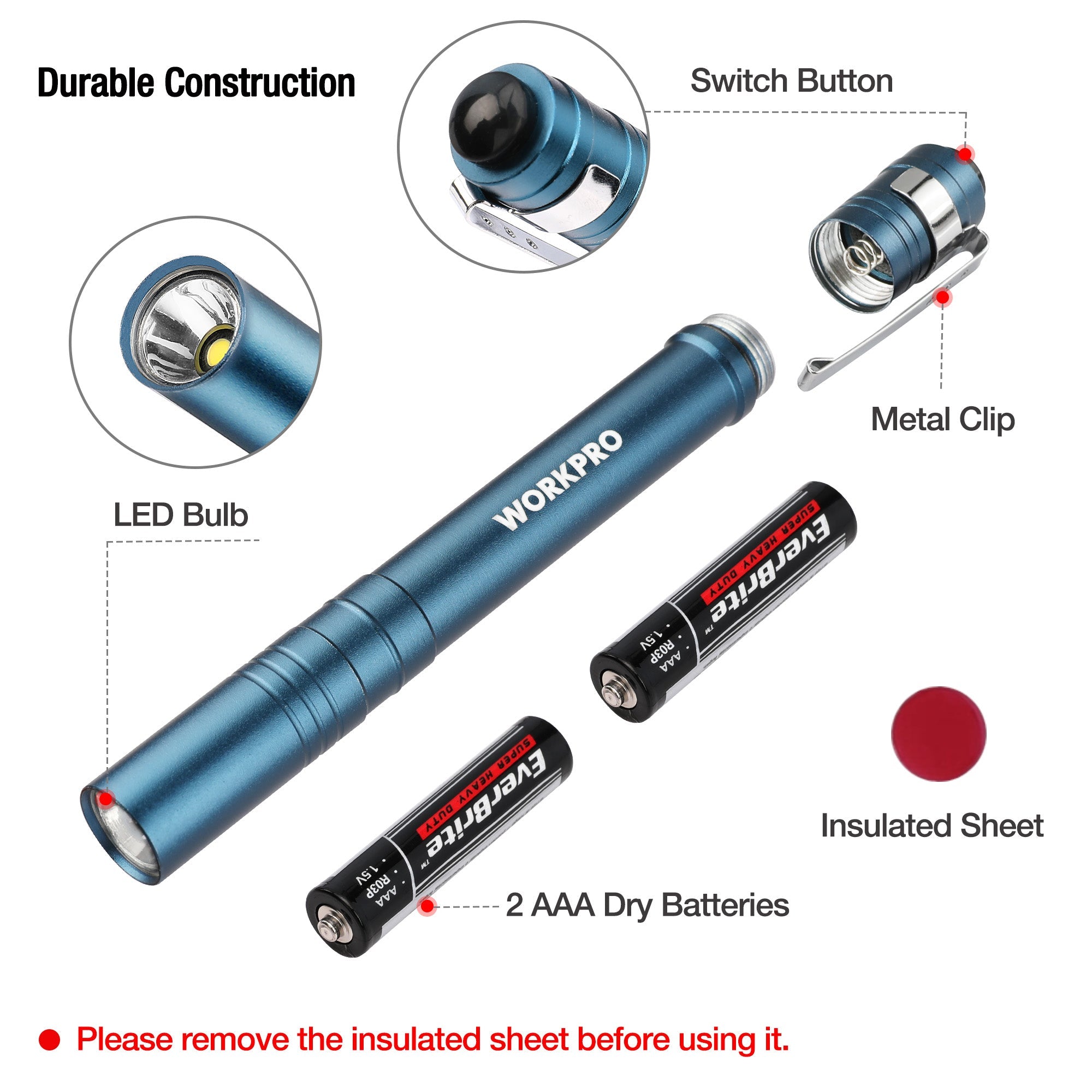 Blue LED pen flashlight with metal clip, switch button, and visible LED bulb