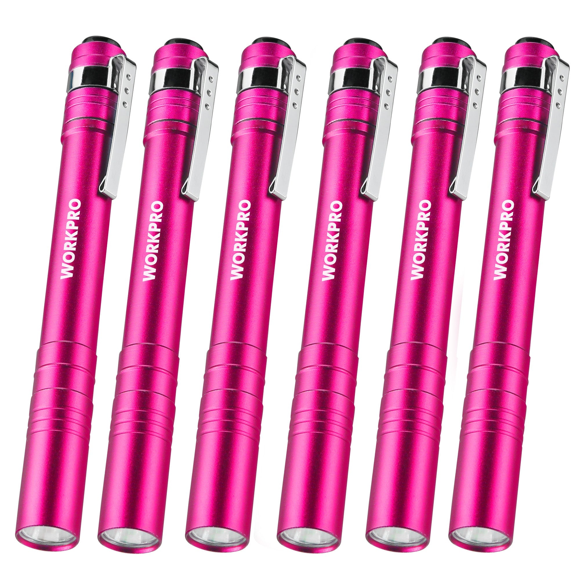 WORKPRO 6-Pack LED Pen Light, Aluminum Pen Flashlights, Pocket Flashlight with Clip for Inspection, Emergency, Everyday, 2AAA Batteries Included, Pink