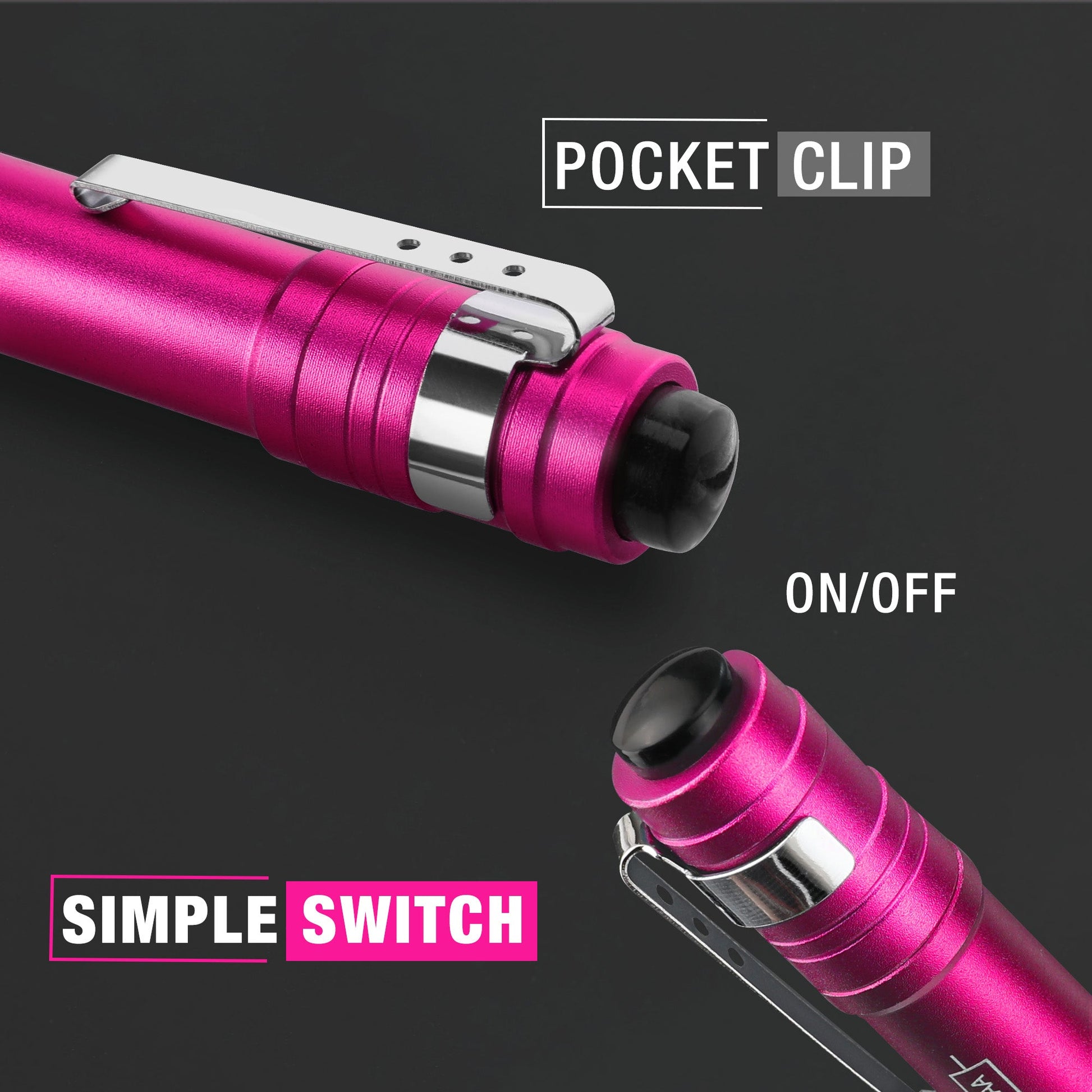 Pink aluminum LED penlight with pocket clip and on/off switch