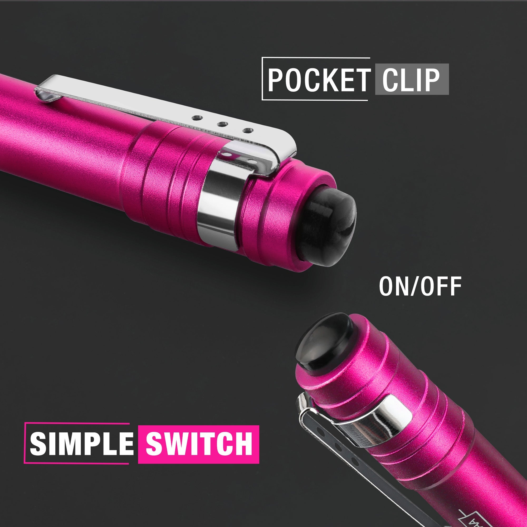 Pink aluminum LED penlight with pocket clip and on/off switch