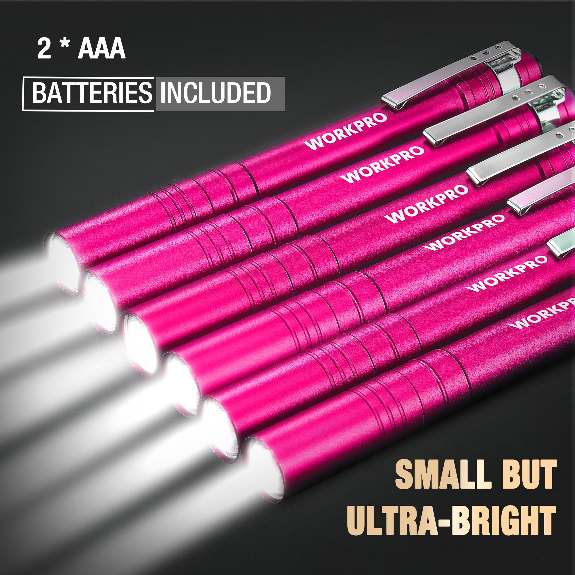 Pink LED penlight flashlights with aluminum bodies and bright lens tips
