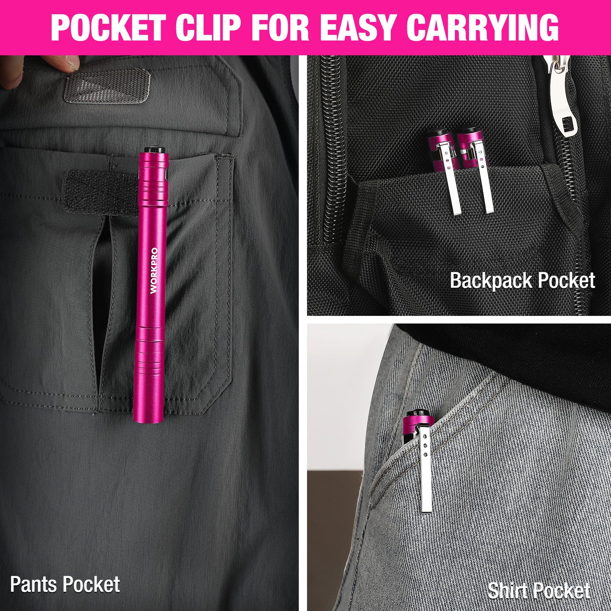 Pink LED penlight flashlight with metal clip, shown in pants and backpack pockets