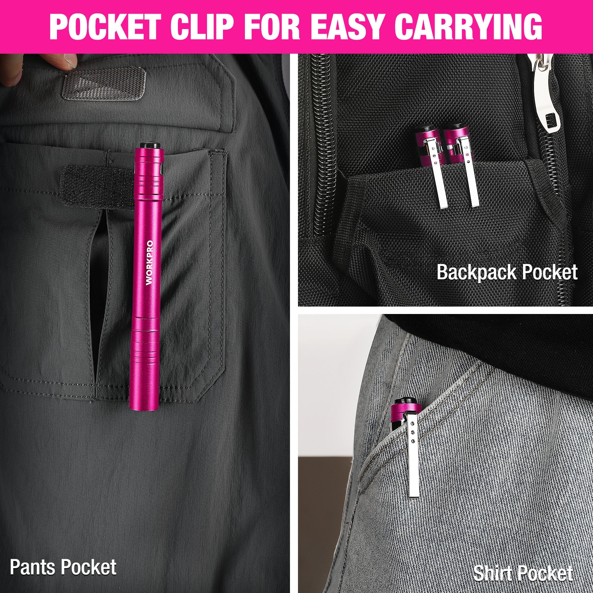 Pink LED penlight flashlight with metal clip, shown in pants and backpack pockets