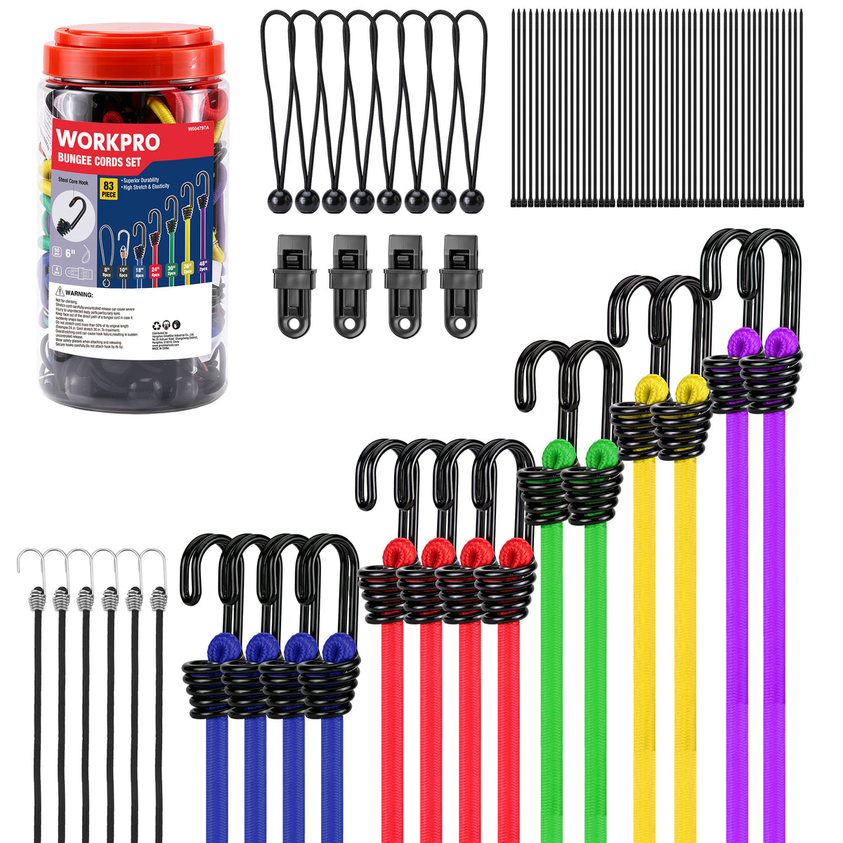 WORKPRO Bungee Cords with Hooks, 83 PCS Heavy Duty Outdoor Assorted Set, Multi-Color