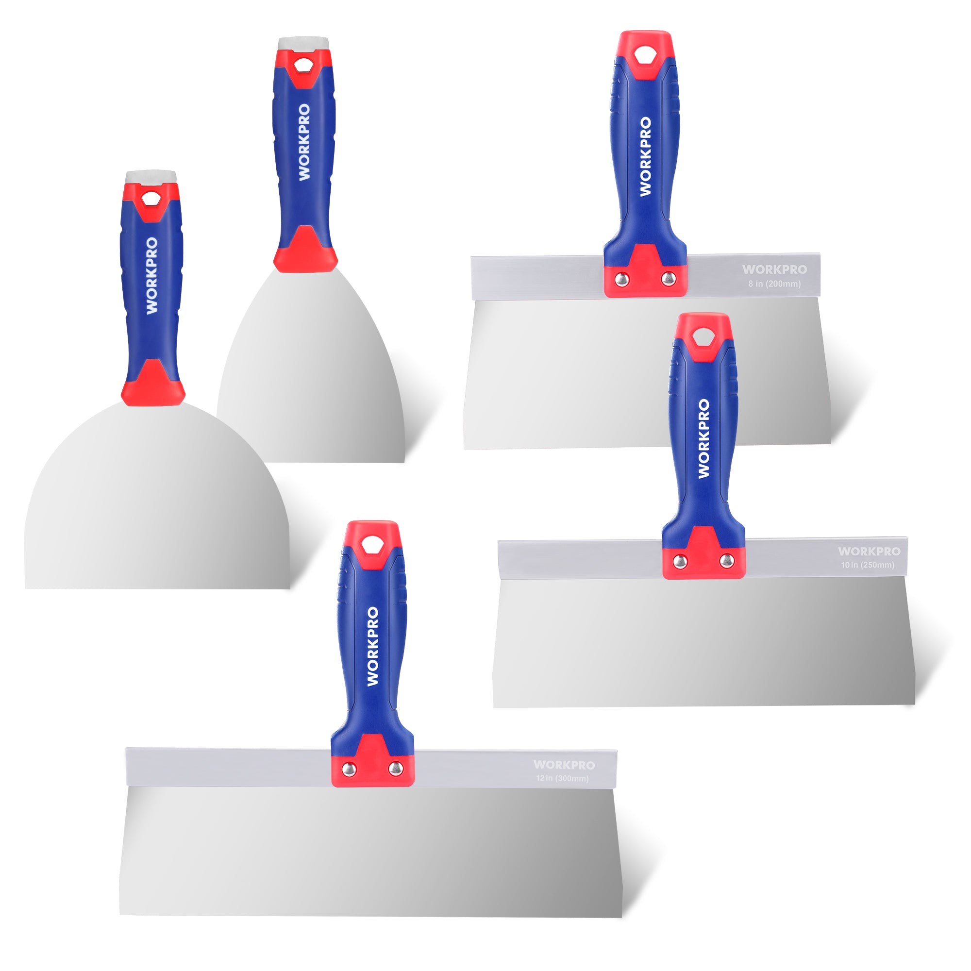 Set of WORXPRO putty knives with blue and red handles on a white background