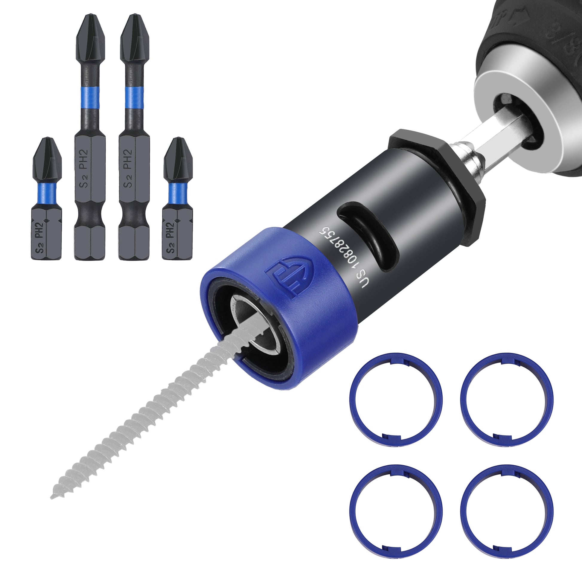 Drywall screw setter/extractor impact bit holder with driver bits and blue rings