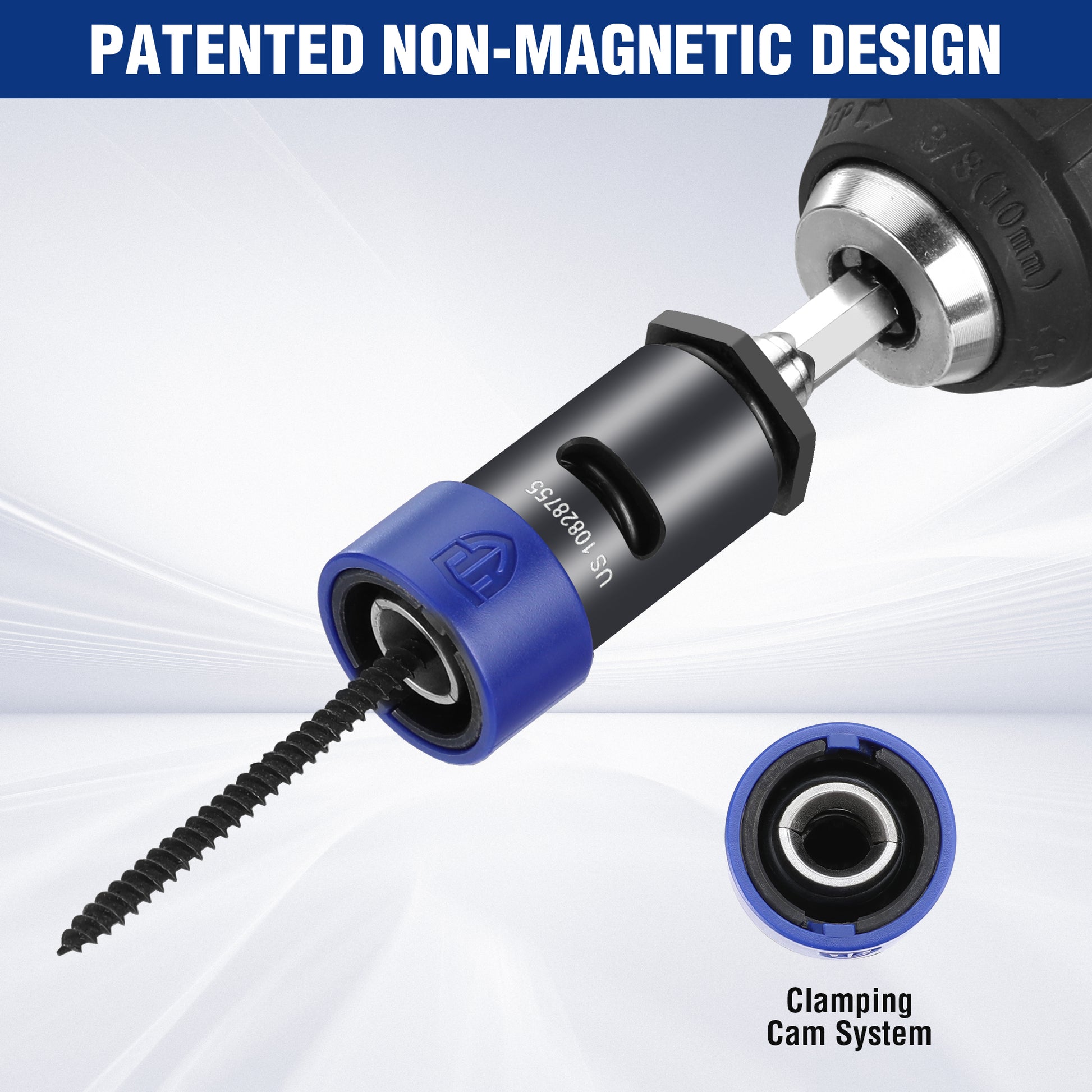 Non-magnetic drywall screw extractor tip with blue cam system sleeve and driver