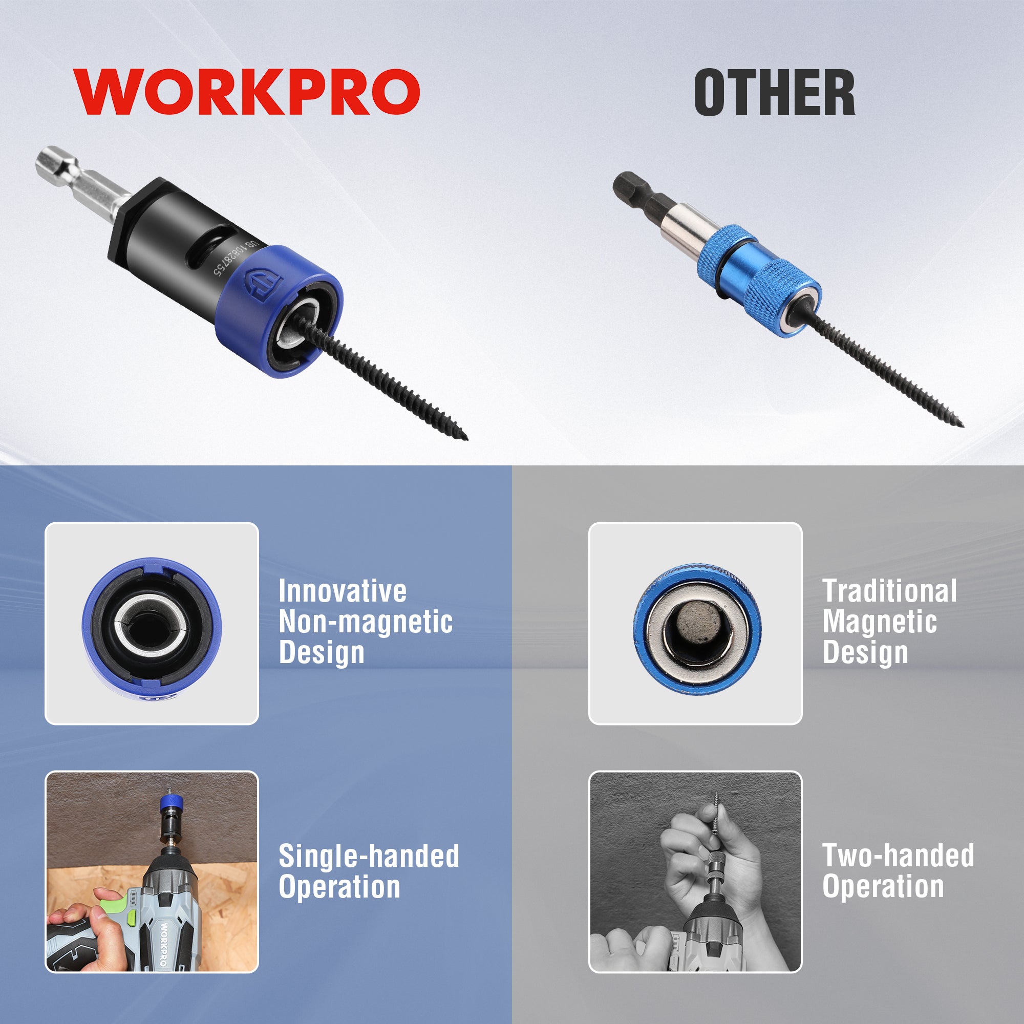 Drywall screw setter with blue-clamped bit vs traditional magnetic style comparison