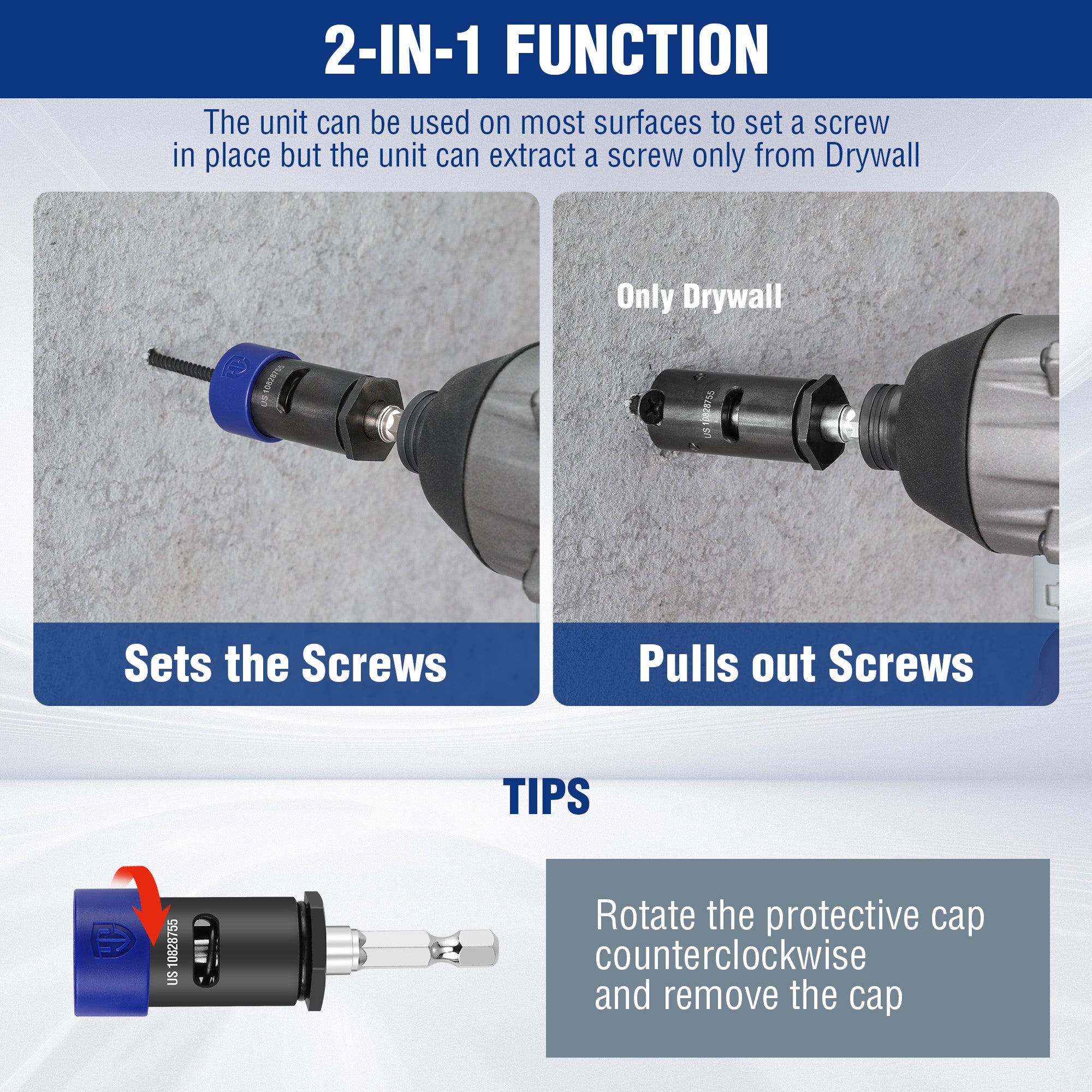 2-in-1 drywall screw setter and extractor impact bit holder for setting or pulling