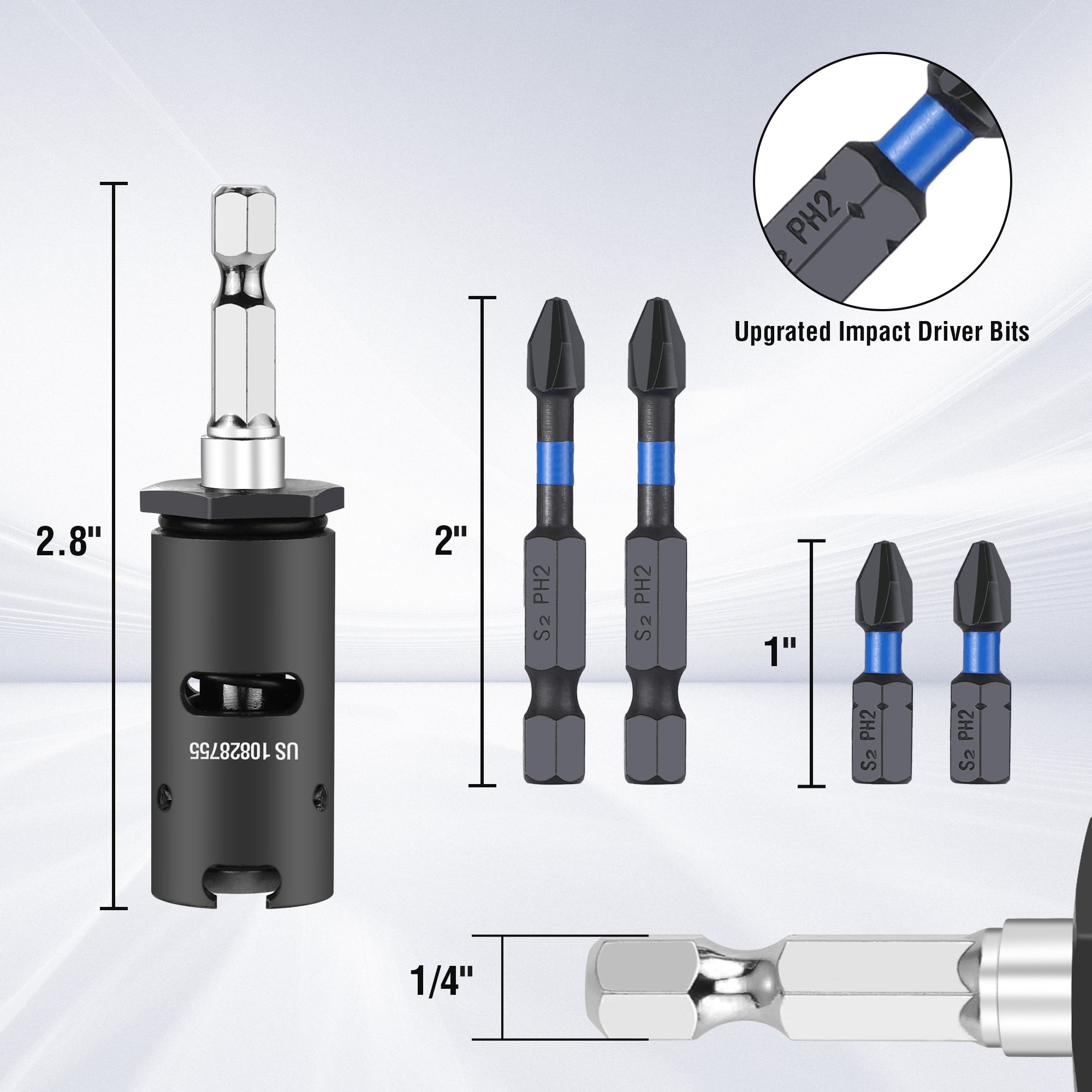 Impact driver bit holder set with PH2 bits and protective cap size overview