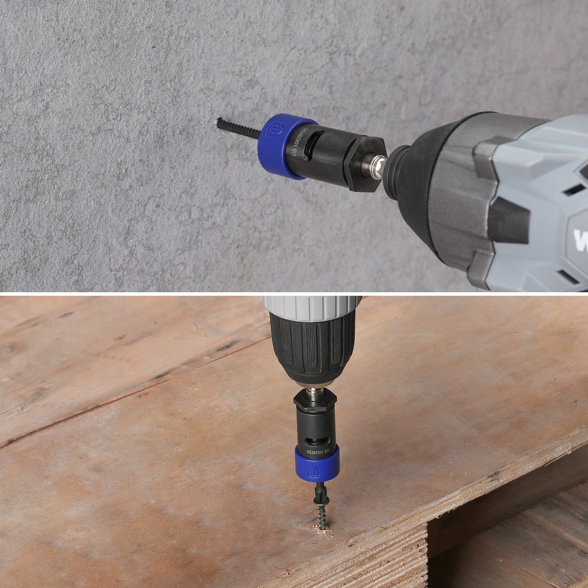 Bit holder attached to an impact driver inserting a screw into drywall