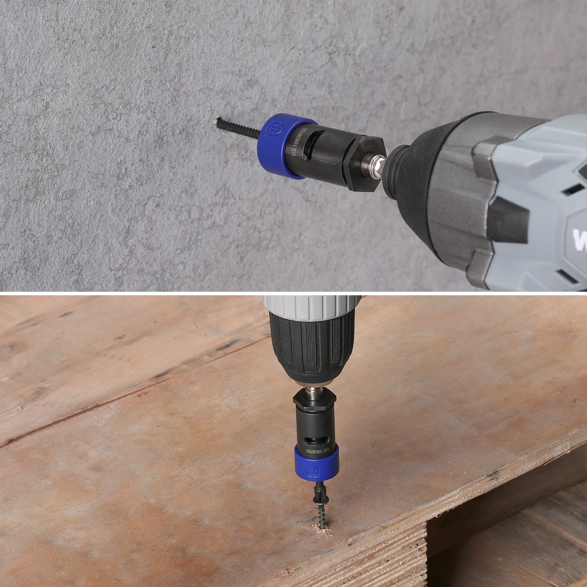 Bit holder attached to an impact driver inserting a screw into drywall