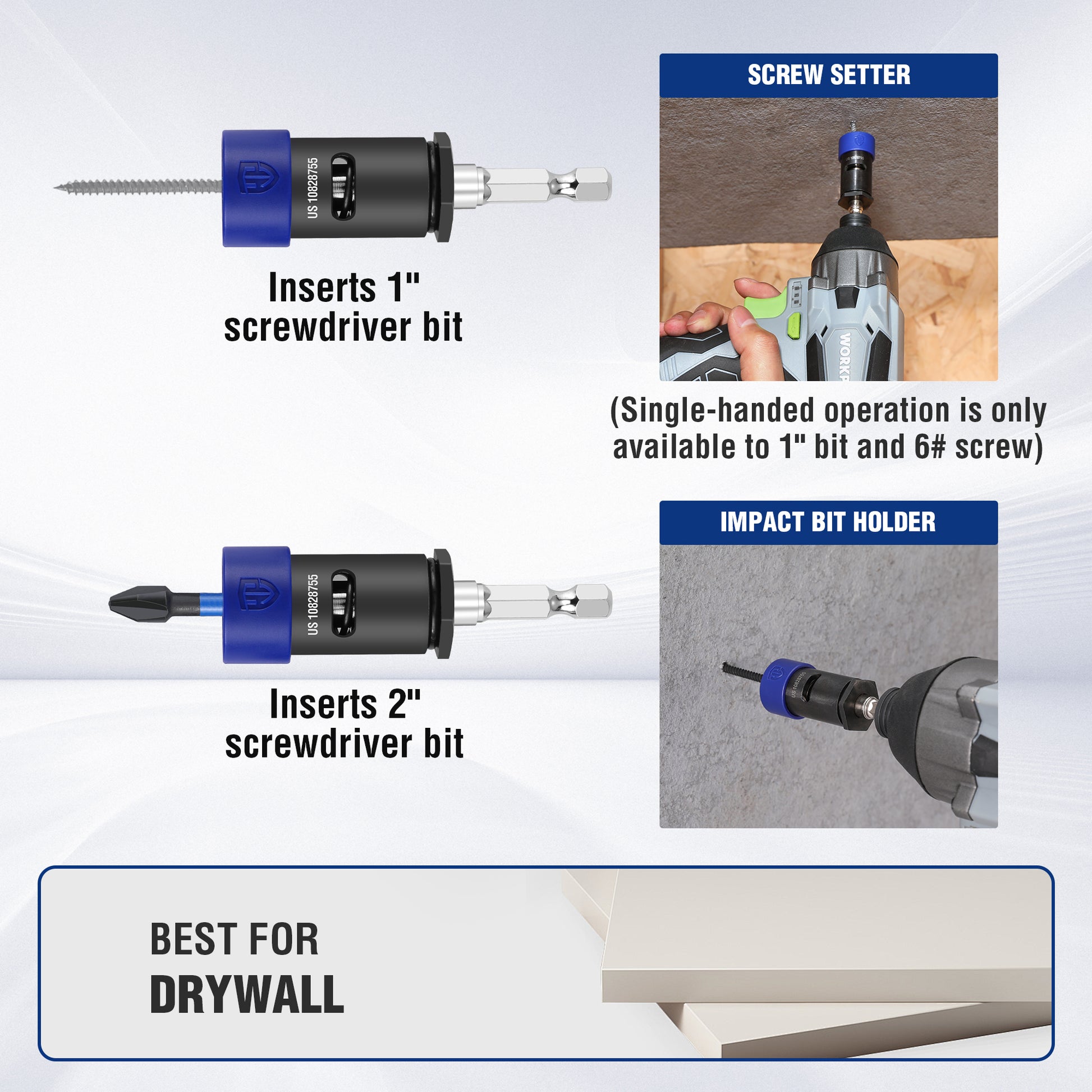 Drywall screw setter tool with blue impact bit sleeves for single- or double-uses