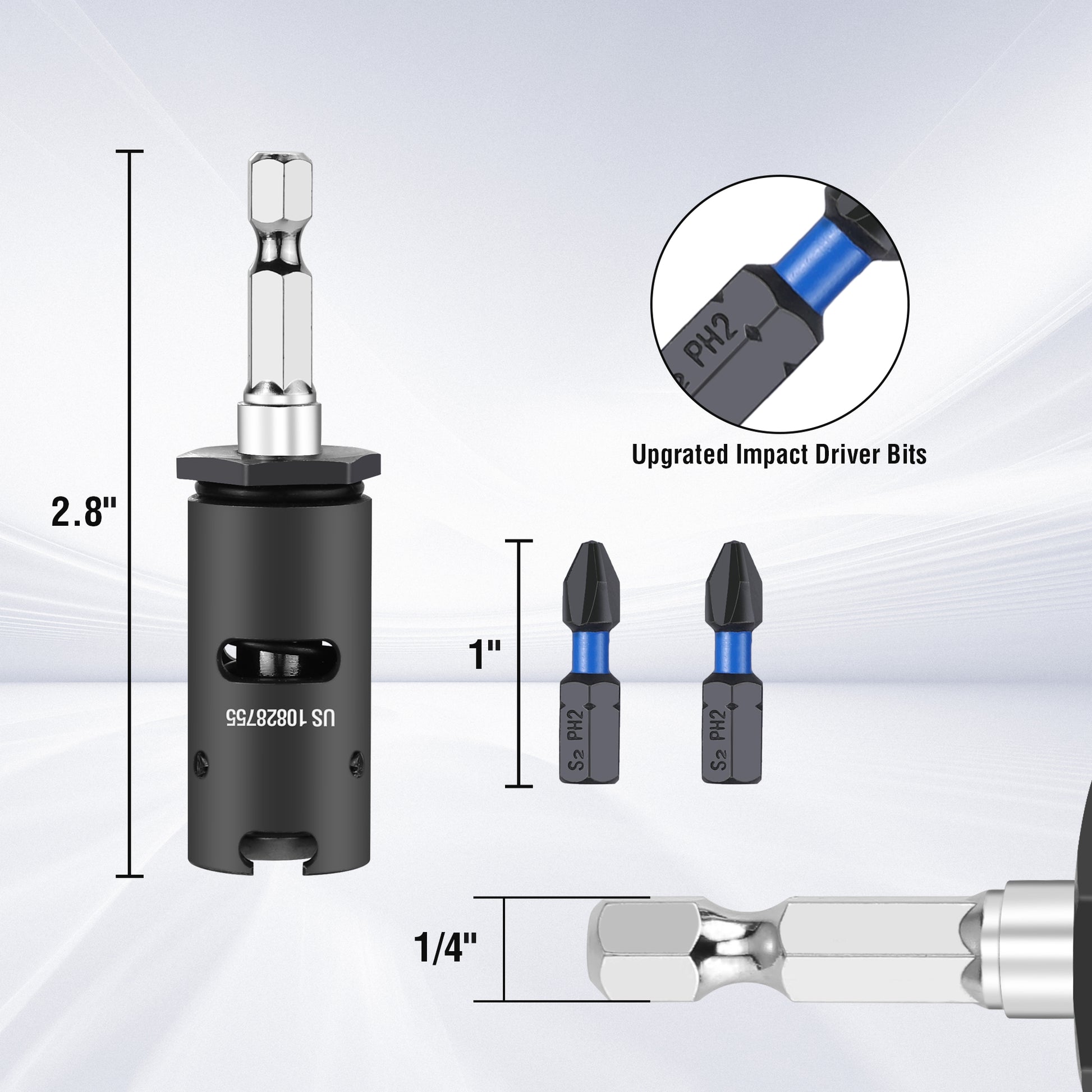 Blue PH2 impact bits in black holder, showing bit length and 1/4 in shank