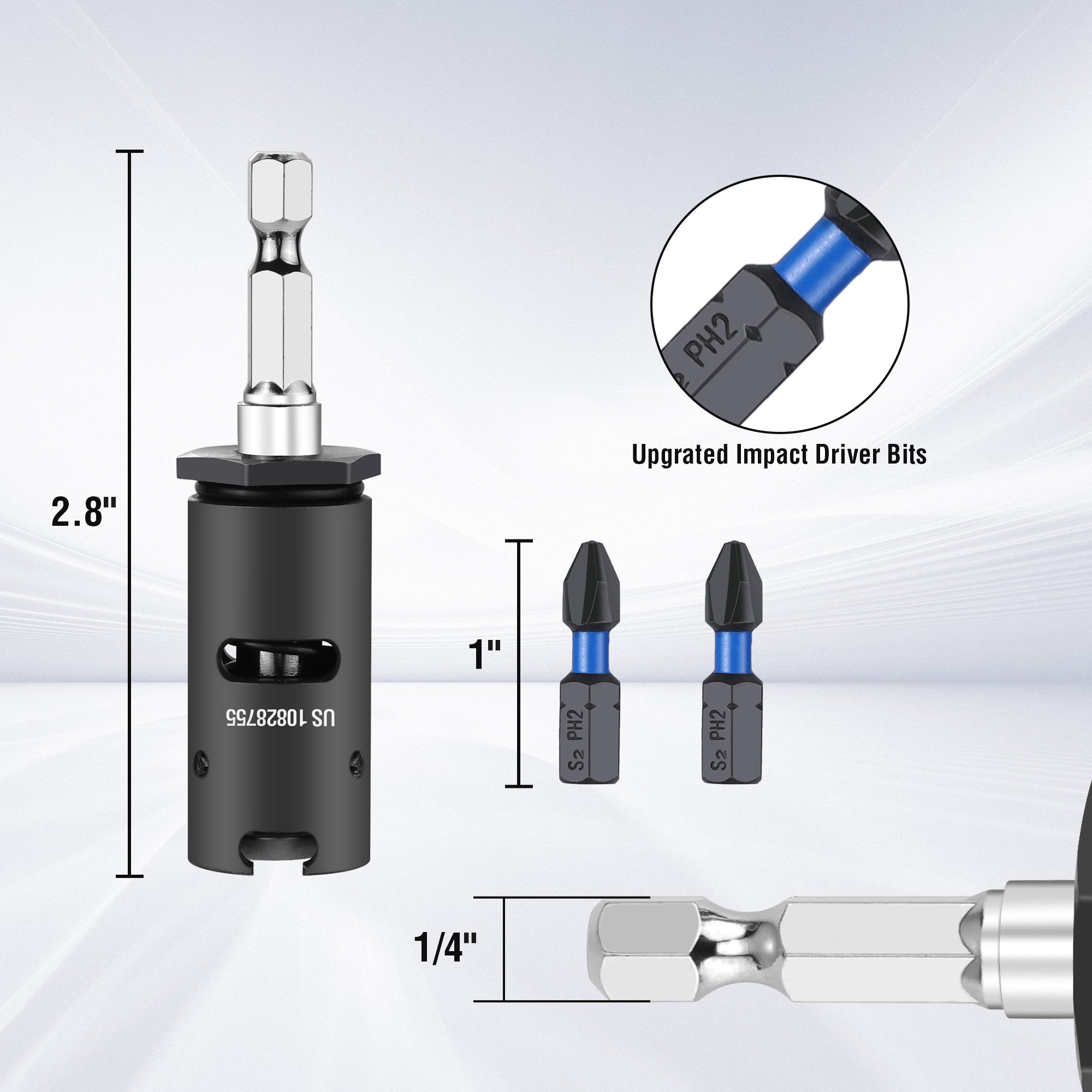 Blue PH2 impact bits in black holder, showing bit length and 1/4 in shank