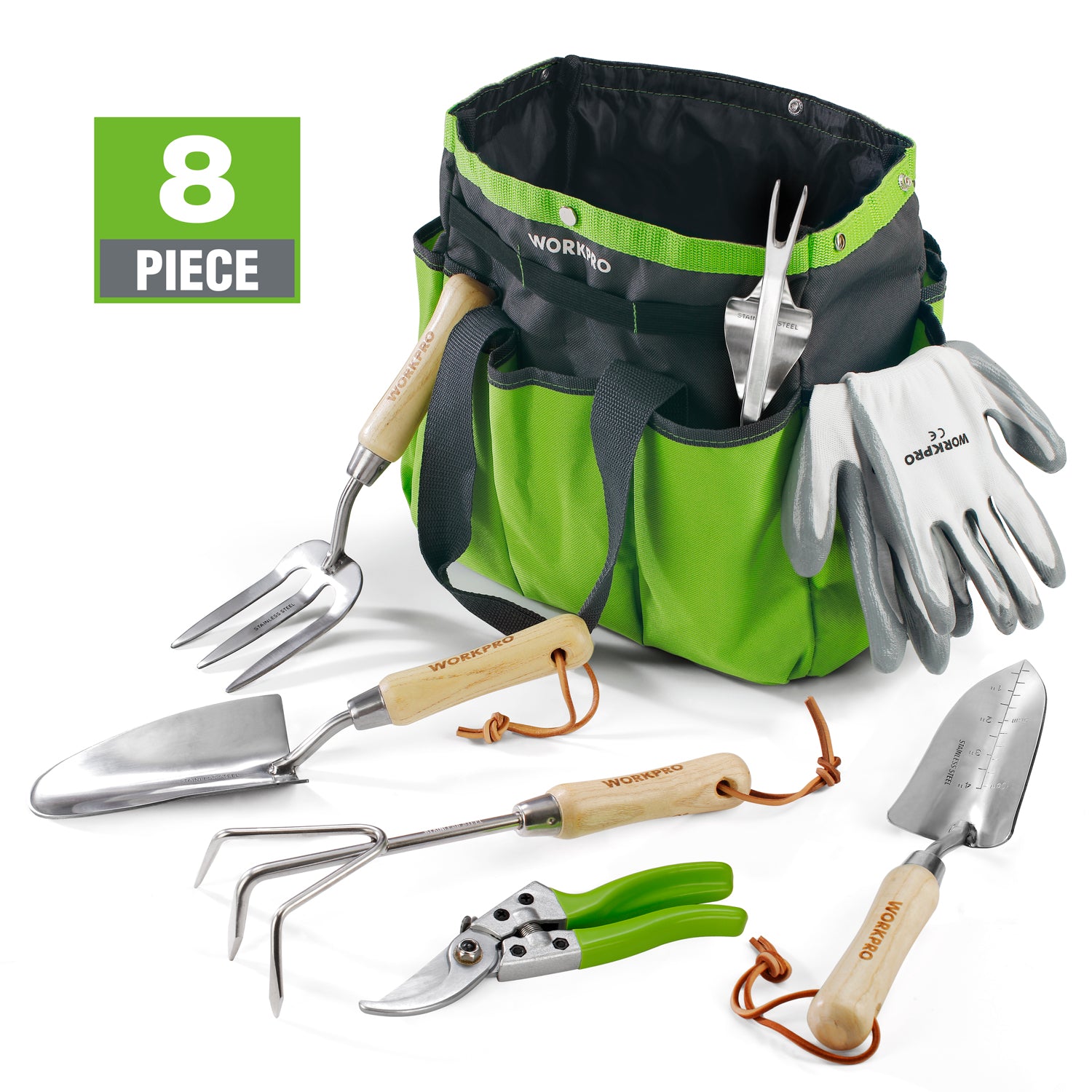 An 8-piece gardening tool set arranged around a green and black WORMO tool tote bag on a white background. The set includes a hand fork, hand trowel, hand rake, hand pruner, hand shears, and a pair of gloves, all with WORMO branding on the handles.
