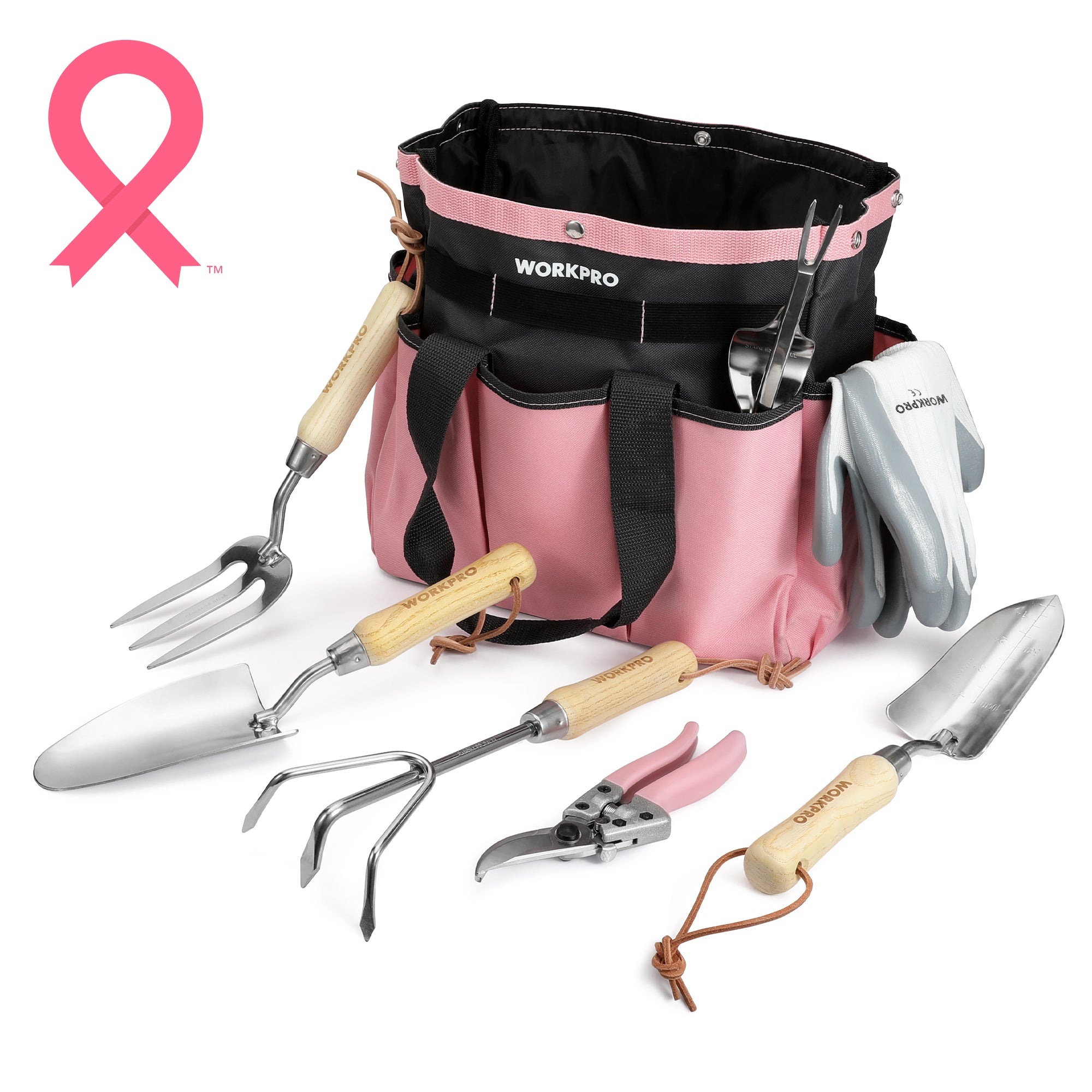 WORKPRO Pink Garden Tools 7 Pcs Set, Stainless Steel Heavy Duty Gardening Tools - Pink Ribbon