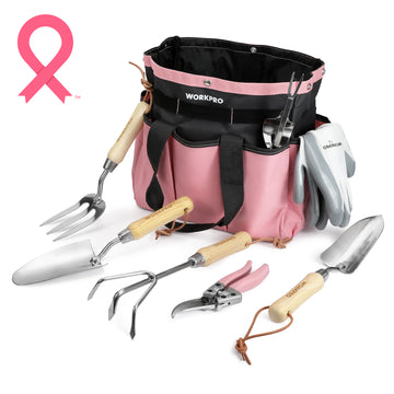 WORKPRO Pink Garden Tools 7 Pcs Set, Stainless Steel Heavy Duty Gardening Tools - Pink Ribbon