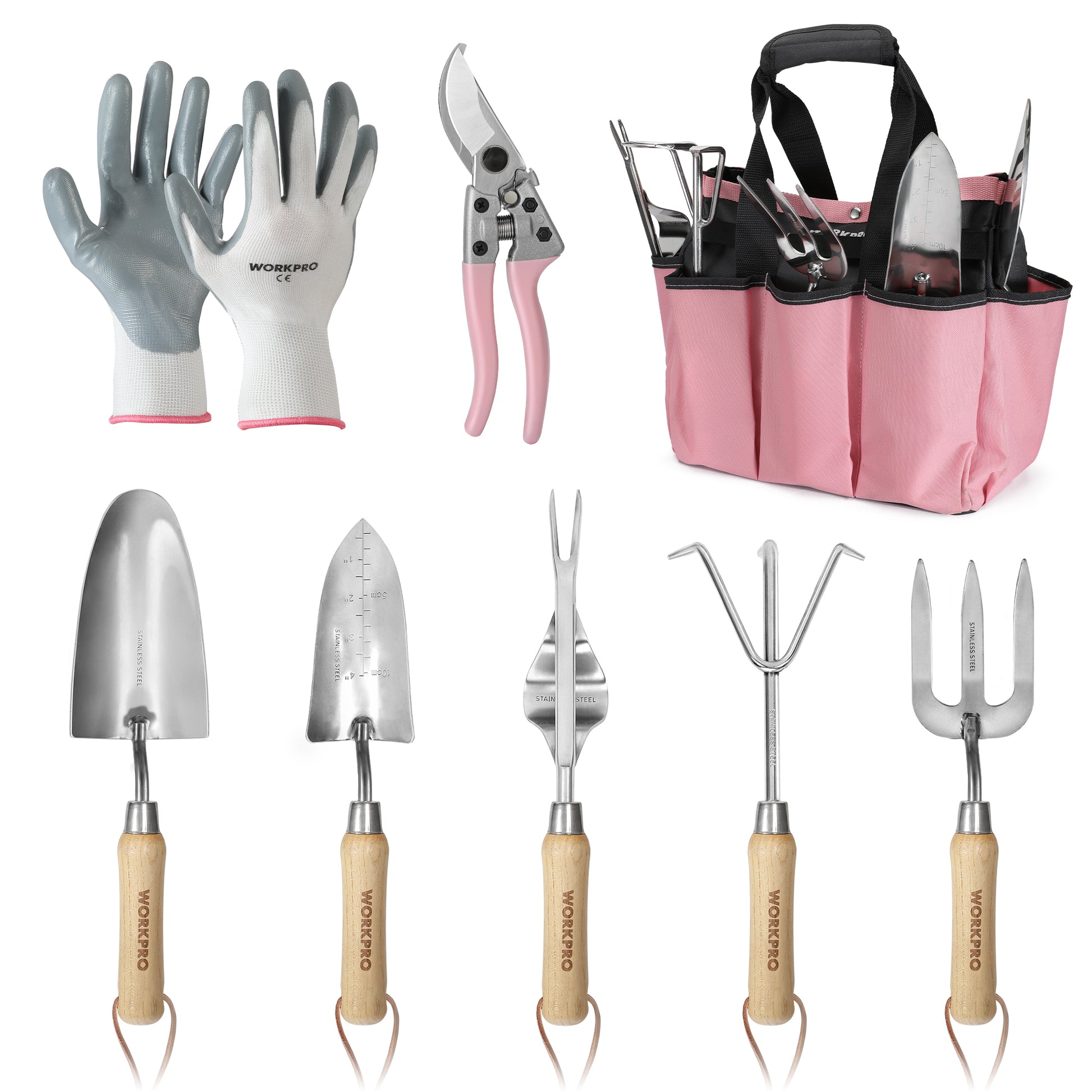 WORKPRO Pink Garden Tools 7 Pcs Set stainless steel garden hand tool set in pink with innovation quality