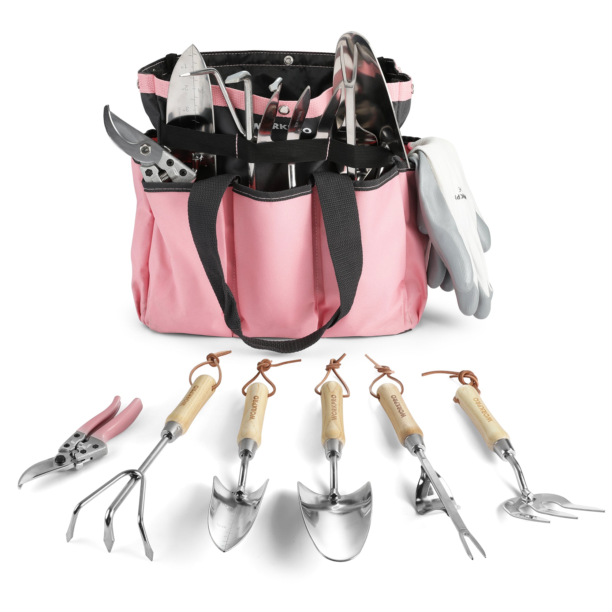 WORKPRO Pink Garden Tools 7 Pcs Set with stainless steel blades, innovation quality and secure storage