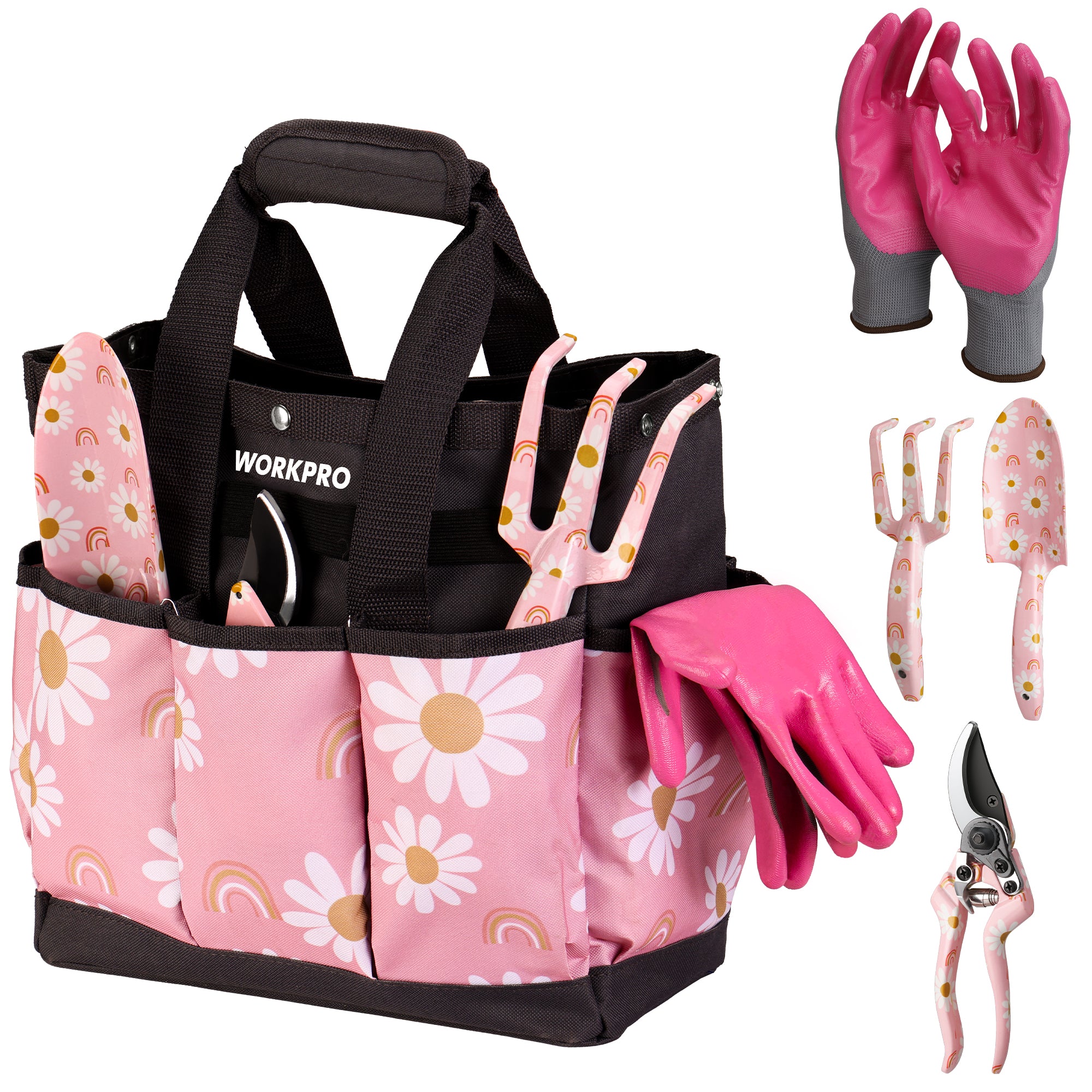 WORKPRO 5PCS aluminum heavy duty gardening tool set in pink with innovation quality durable secure storage bag