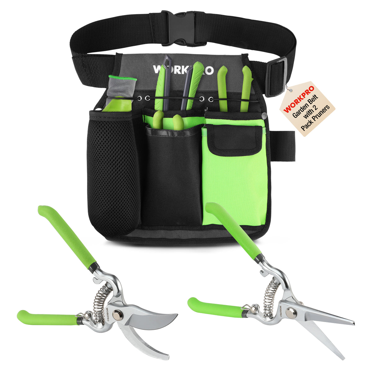 WORKPRO 2-Piece Pruning Shears & Garden Belt Set，8" Bypass & Hand Pruners | Ultra Sharp Carbon Steel, 5-Pocket Durable Oxford Tool Pouch, For Gardening, Carpentry, and DIY Projects