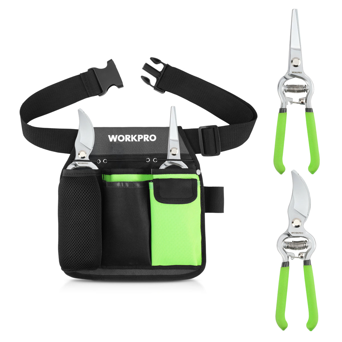 WORKPRO 2-Piece Pruning Shears & Garden Belt Set，8" Bypass & Hand Pruners | Ultra Sharp Carbon Steel, 5-Pocket Durable Oxford Tool Pouch, For Gardening, Carpentry, and DIY Projects